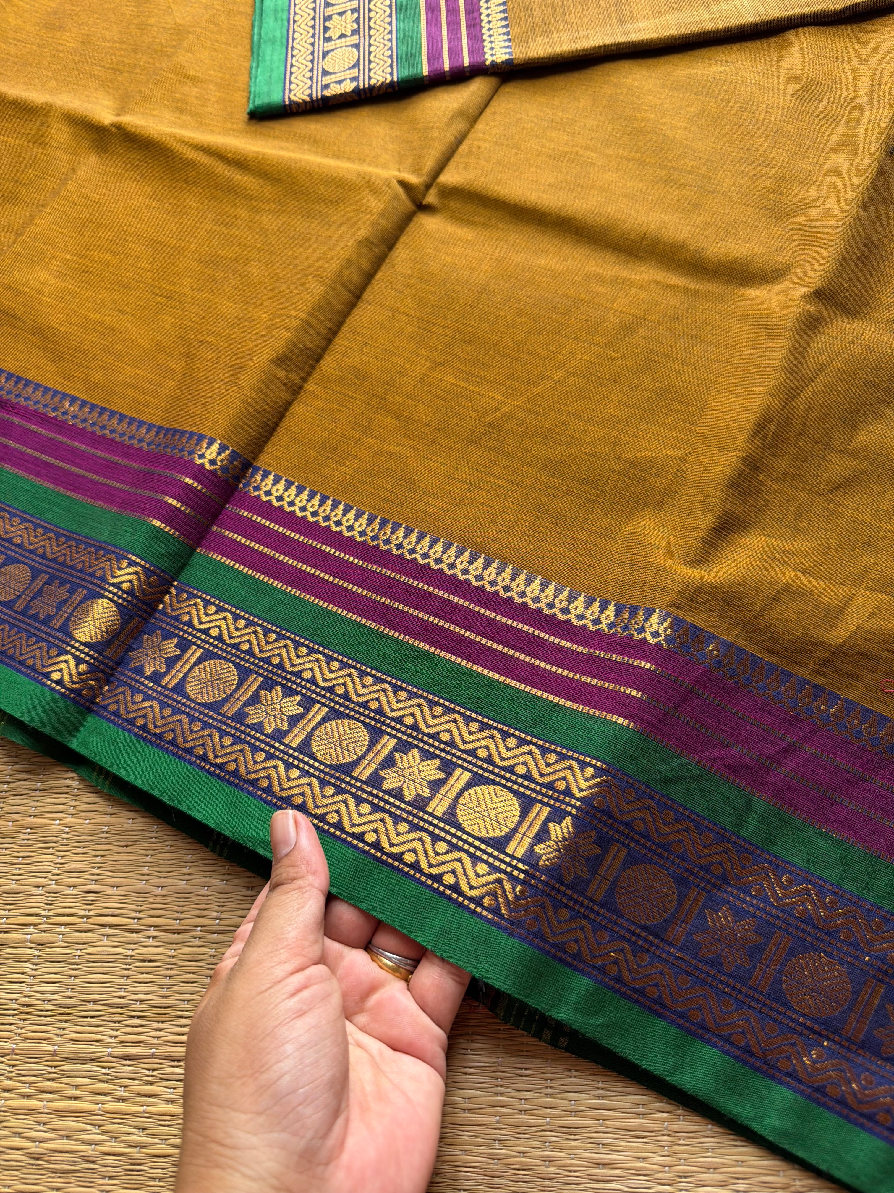 RF692 Dual tone honey shade ~ Silk Saree Inspired Kanchi Cotton saree multi color border