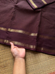 RF517 Monotone deep Coffee brown shade Kanchi cotton saree with Korvai Vaira Oosi thread vertical lines pattern with vintage Rettapet border