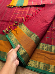 RF275 Reddish Marron Shade Kanchi Handmade Kattam / checks pattern saree with Yazhi & Annam Rettapet Ganga Jamuna Border