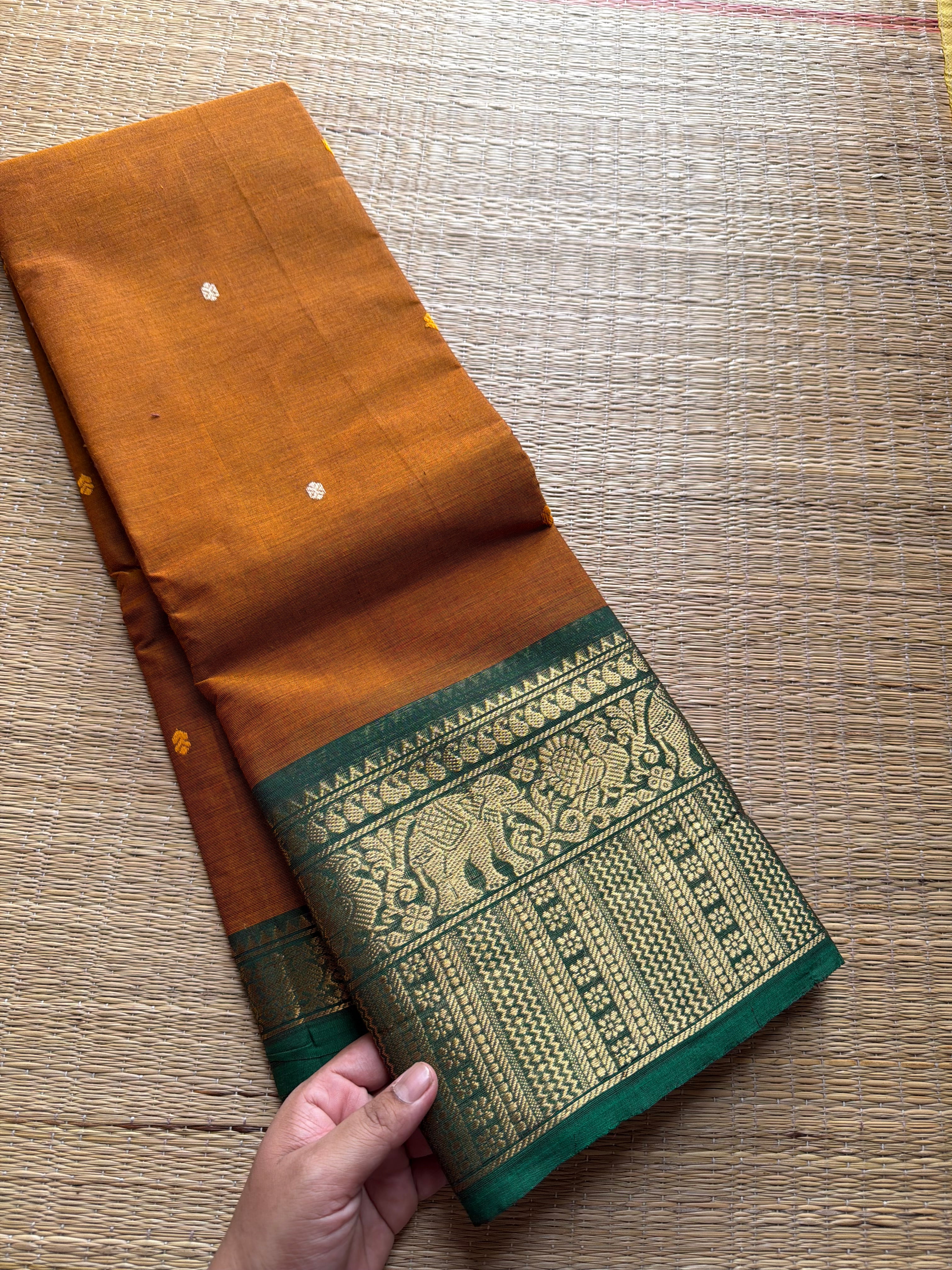 Dual tone orange with green combination Kanchi cotton saree