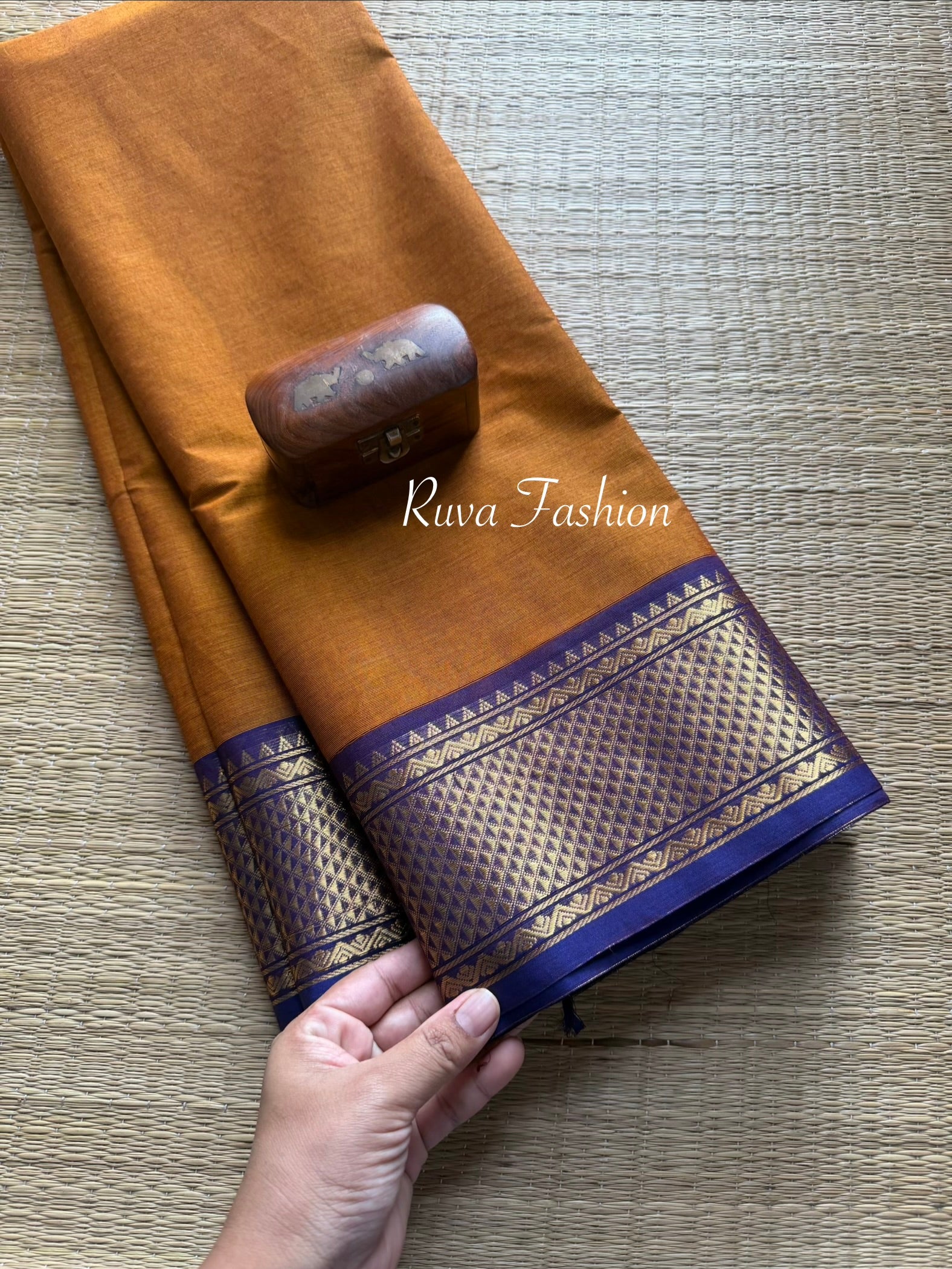 RF96 Mustard Orange Shade With Contrast Purple Korvai Zari Border Kanchi Cotton Saree