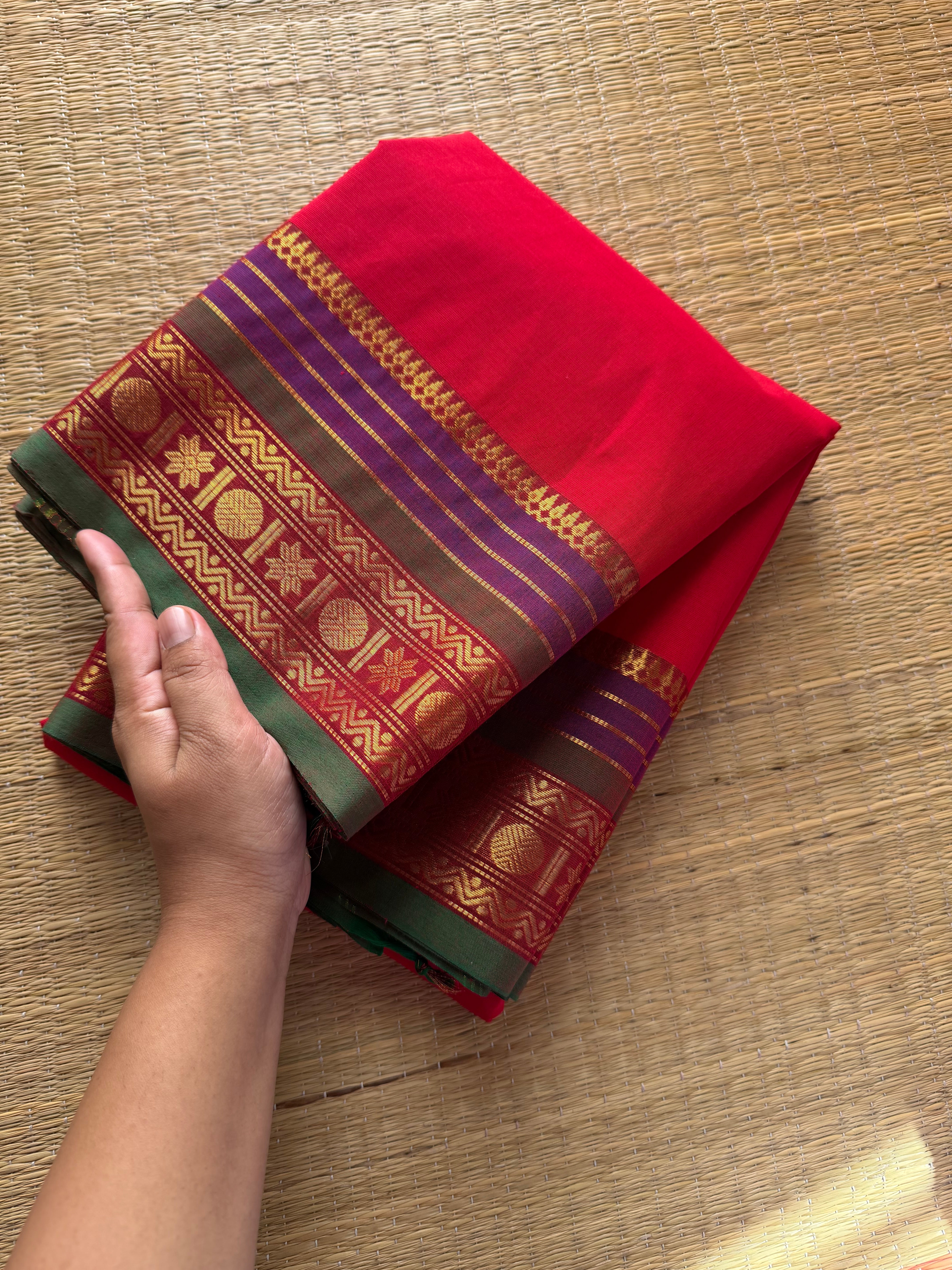 RF397 Red Shade Kanchi Cotton Saree with multi color contrast border