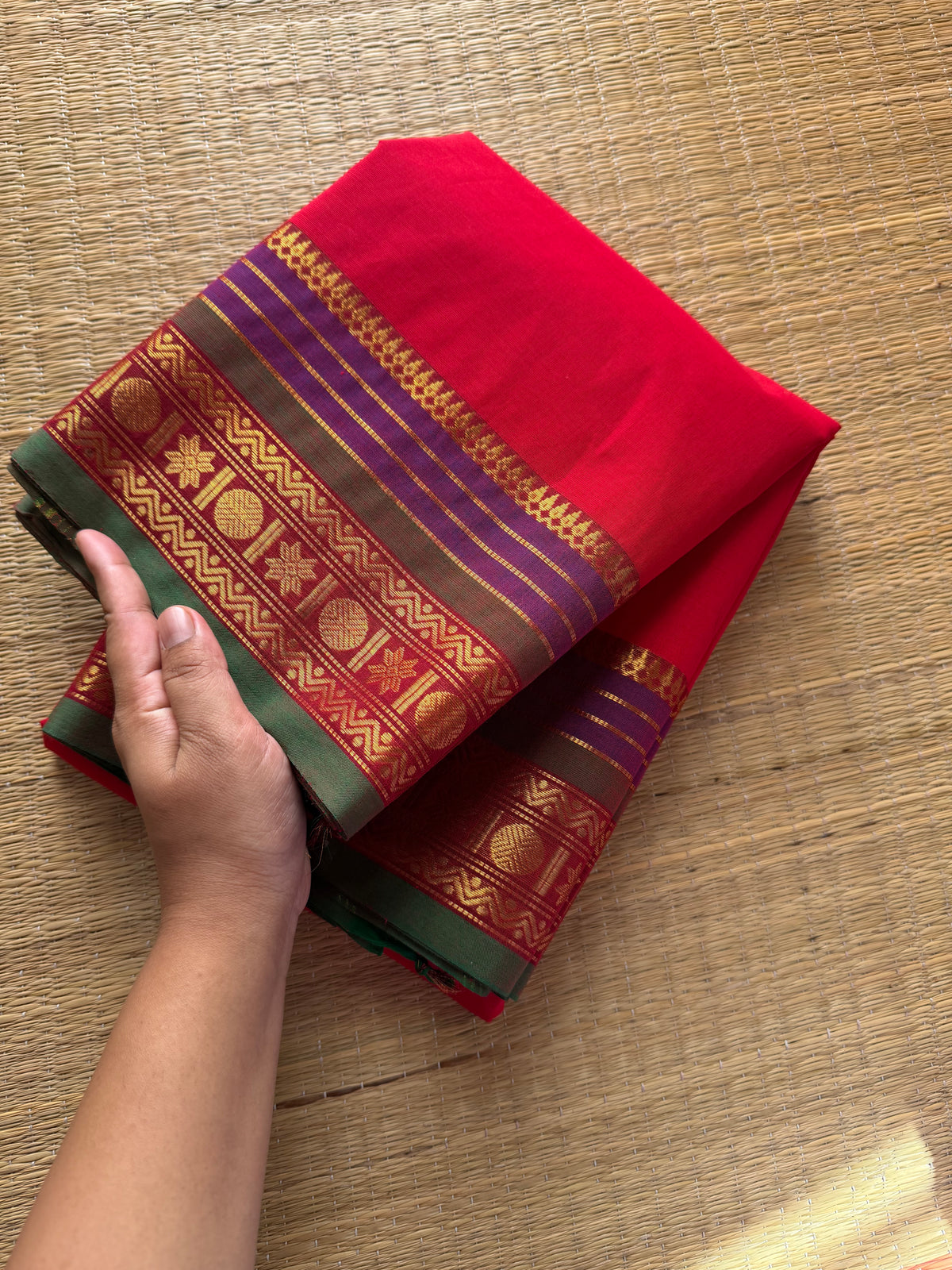 RF397 Red Shade Kanchi Cotton Saree with multi color contrast border