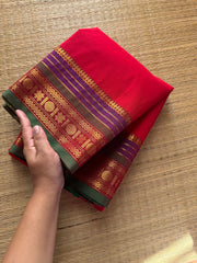 RF397 Red Shade Kanchi Cotton Saree with multi color contrast border