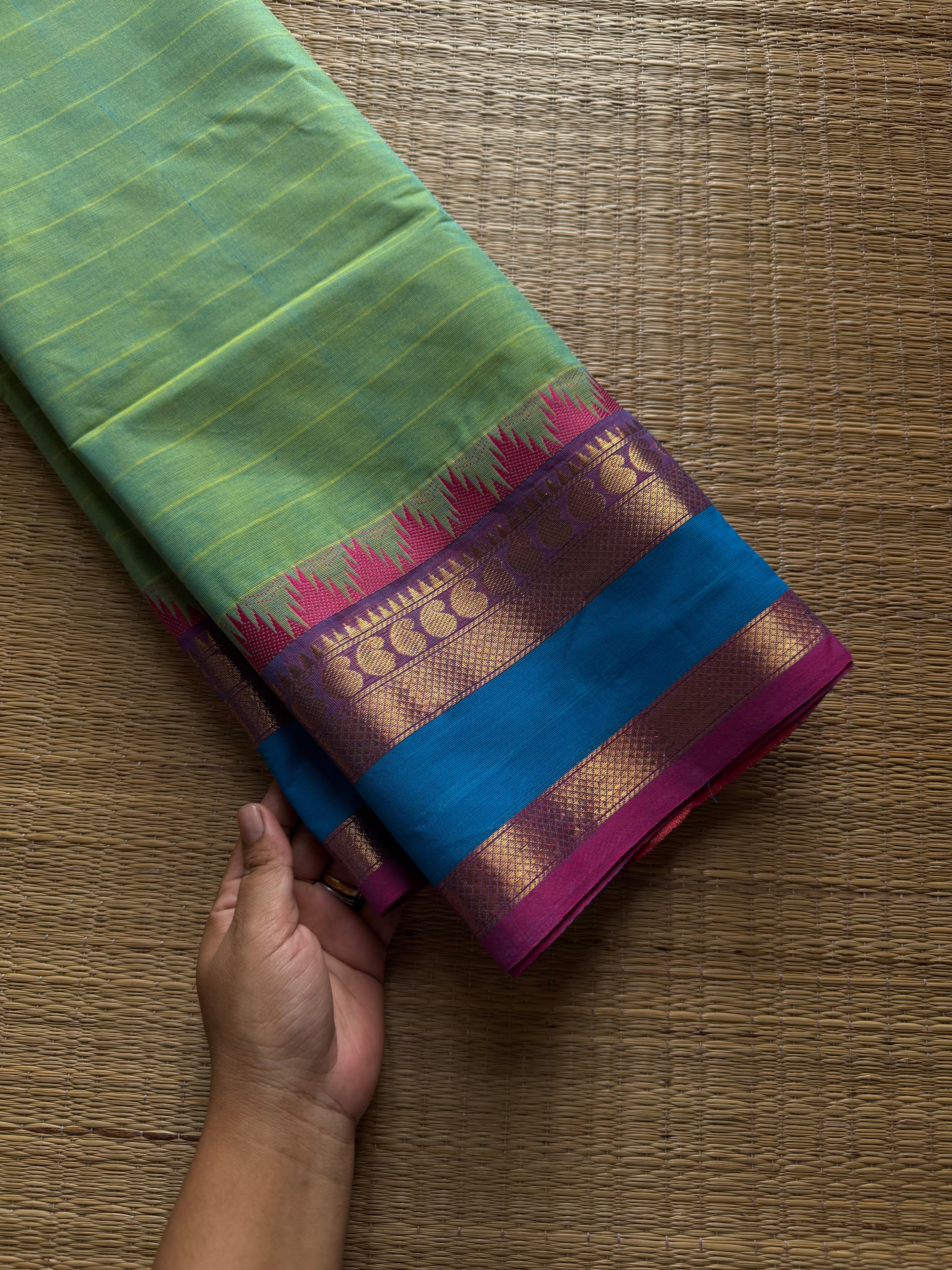RF969 Apple green shade Kanchi cotton saree with Thazhampoo pattern border