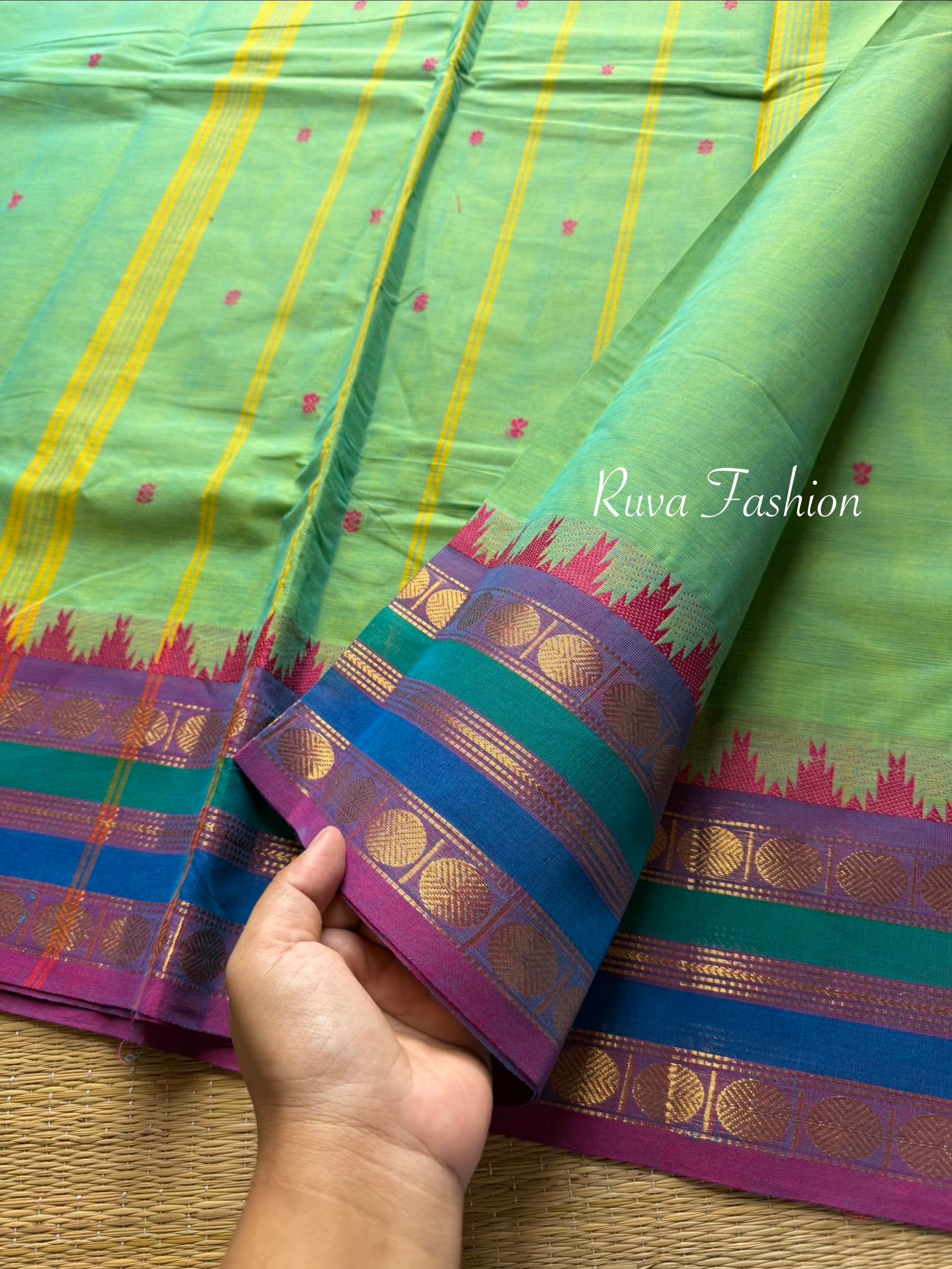 Dual tone Apple Green Shade Kanchi Cotton Saree With Contrast & unique multi color border with small Thazhampoo pattern
