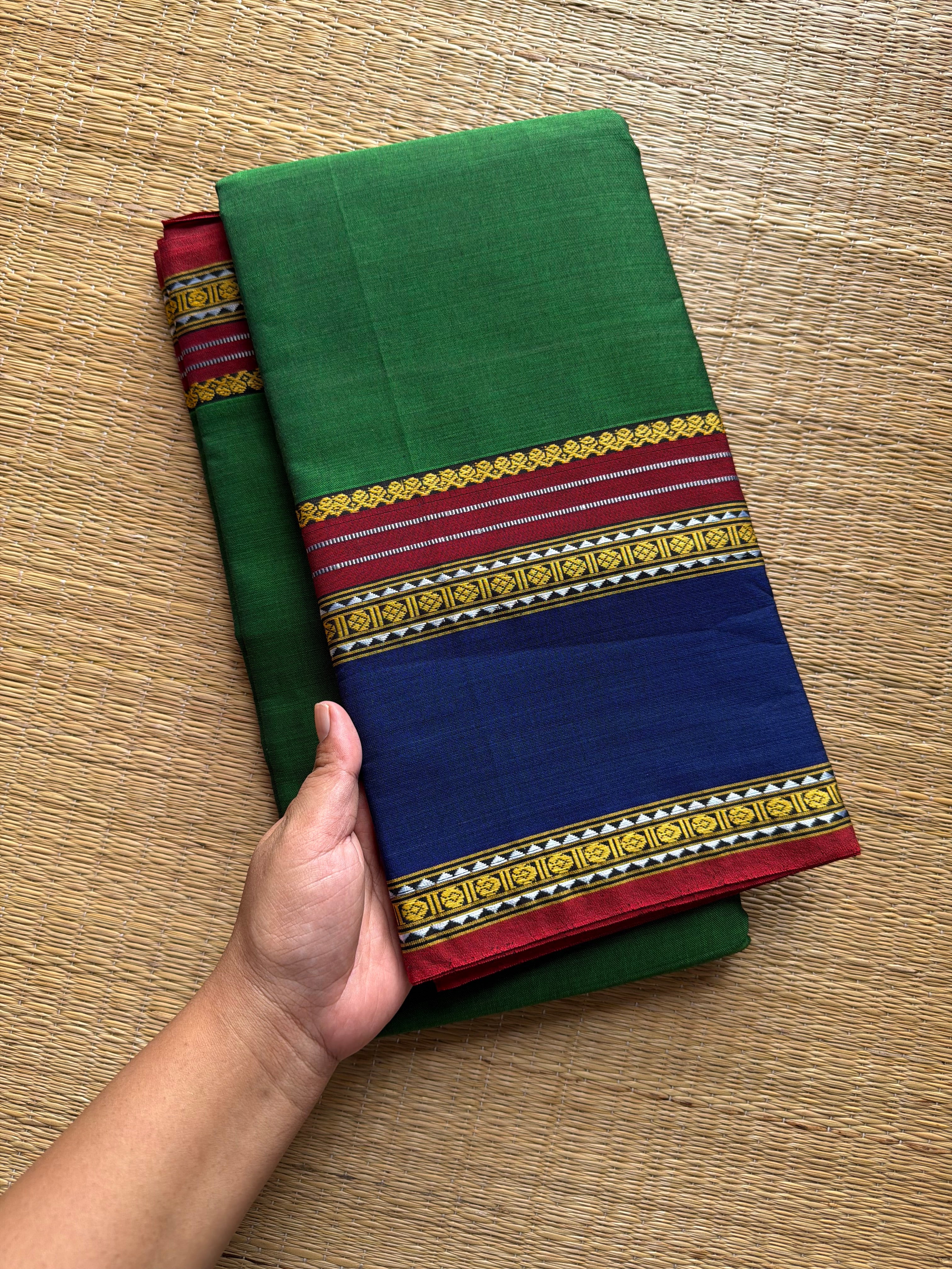 RF488 Dark green with royal blue combination vintage style gap border mercerised Narayanpet cotton saree