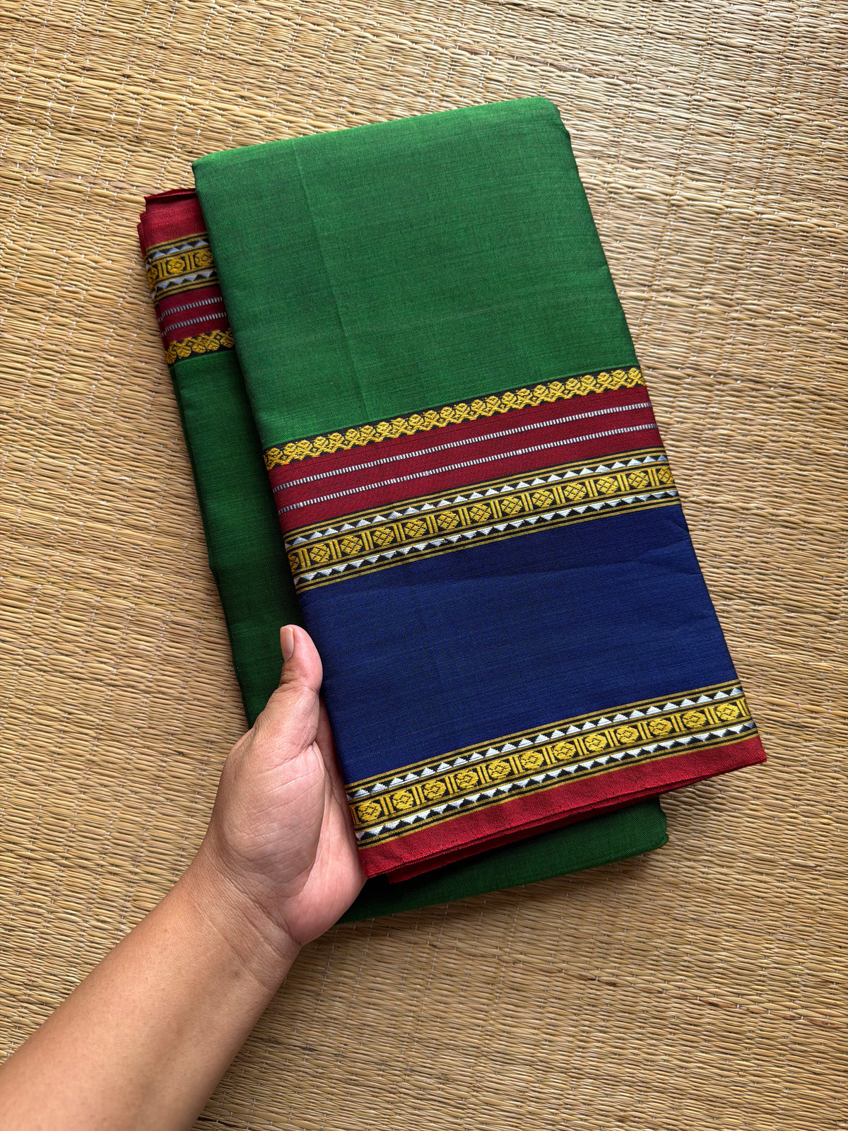 RF488 Dark green with royal blue combination vintage style gap border mercerised Narayanpet cotton saree