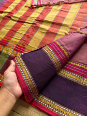 RF485 Dual tone pink with contrast purple vintage style gap border mercerised Narayanpet  cotton saree