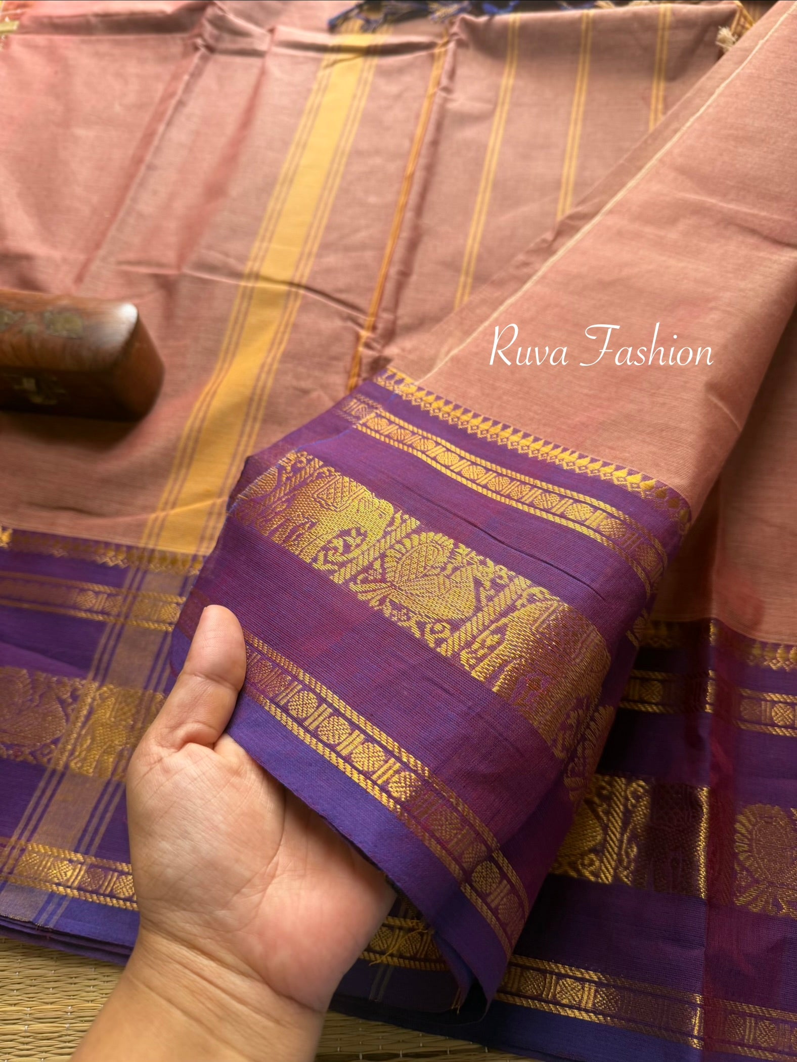 RF94 Onion Pink With Contrast Purple Shade Rettapet Border Kanchi Cotton Saree