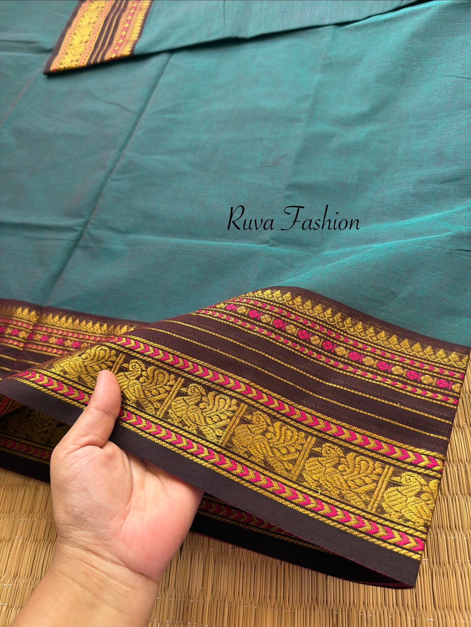 RF135 Dark teal Blue Shade With contrast brown combination vintage border Kanchi cotton saree