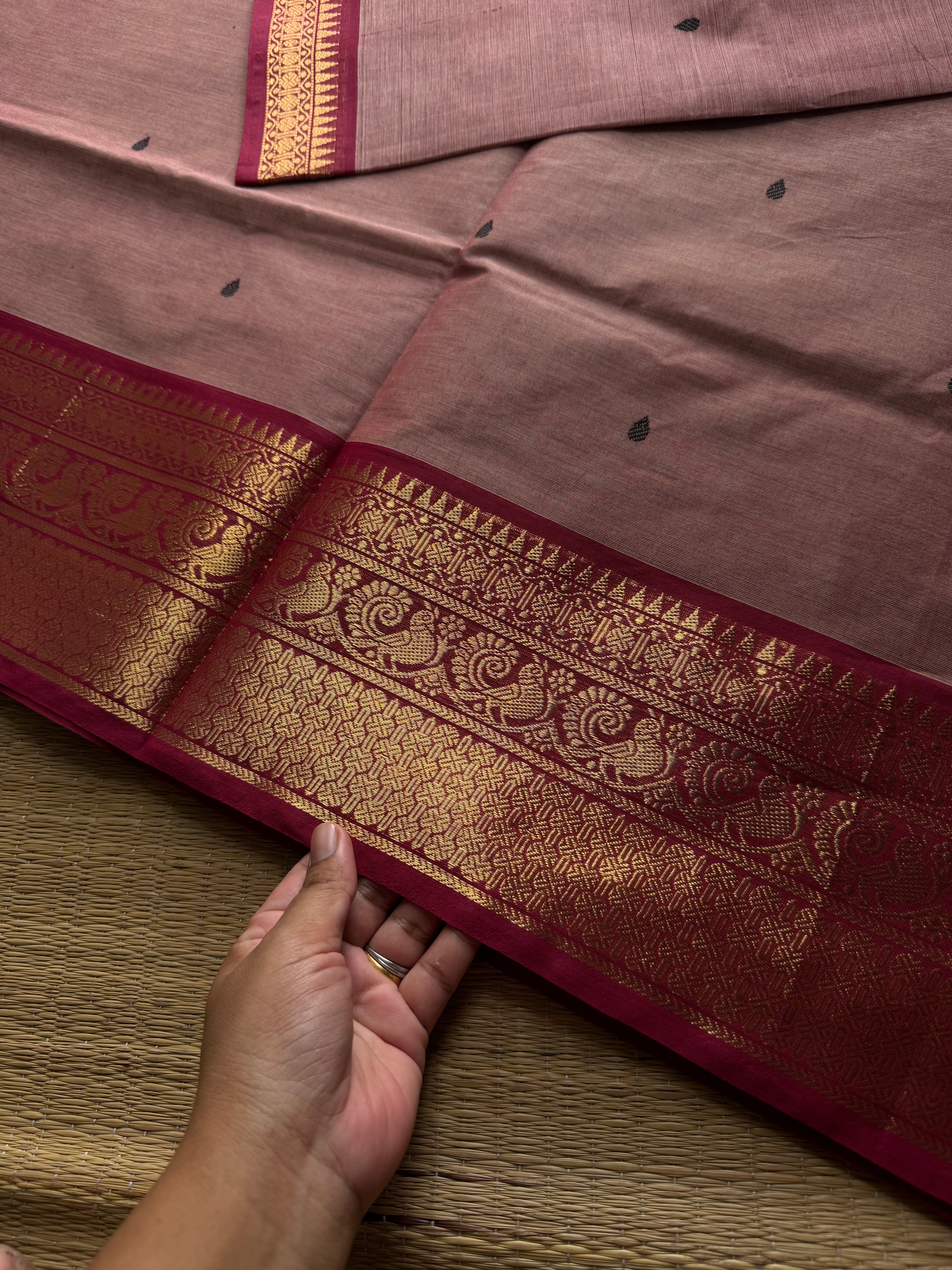 RF912 Onion pink ~ Kanchi cotton saree with handmade thread buttas
