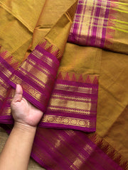 RF686 Thazhampoo border Kanchi cotton saree ~ Dual tone mustard