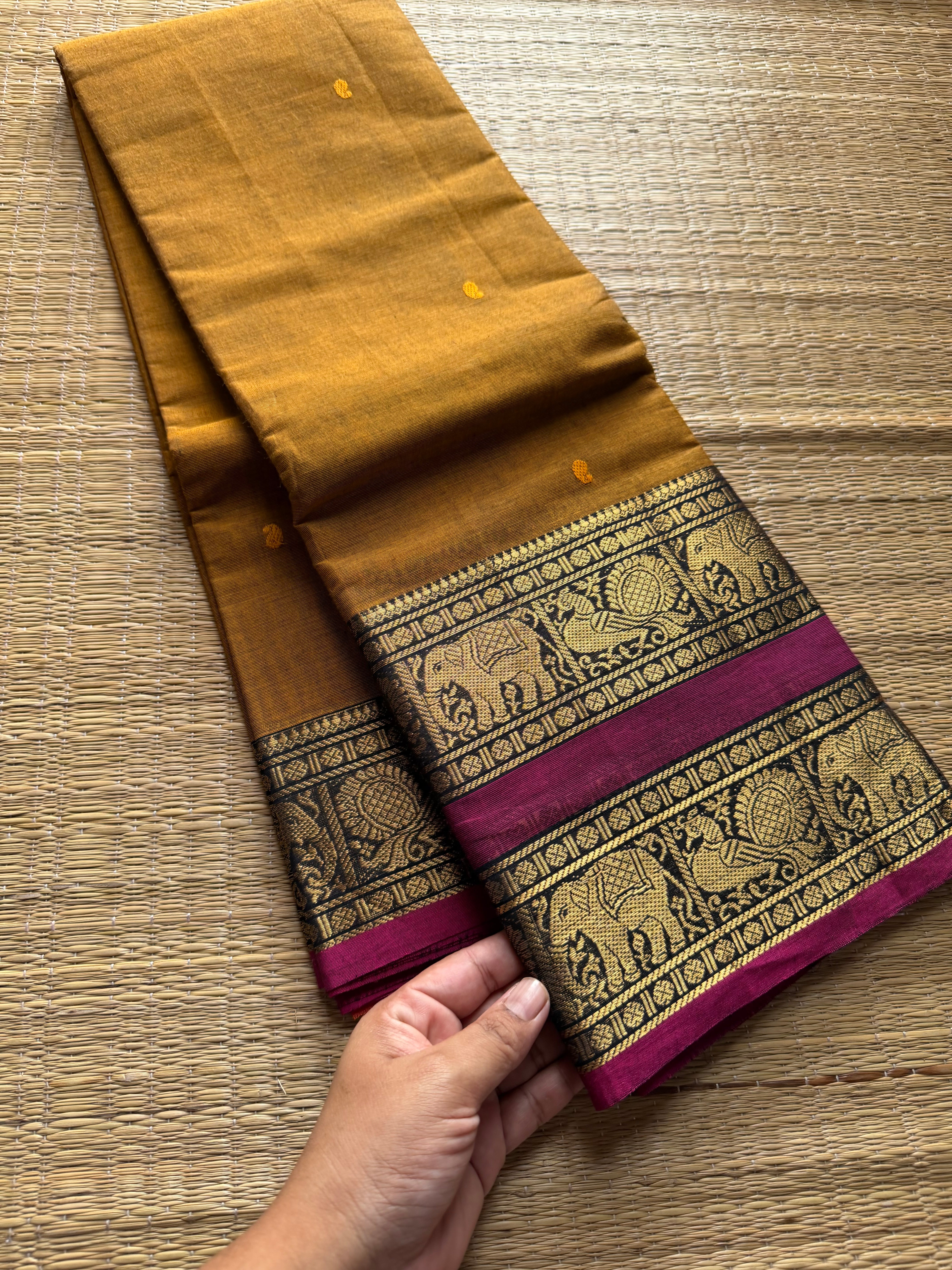 RF305 Mustard with contrast pink combination Rettapet border Kanchi cotton saree with handmade thread buttas