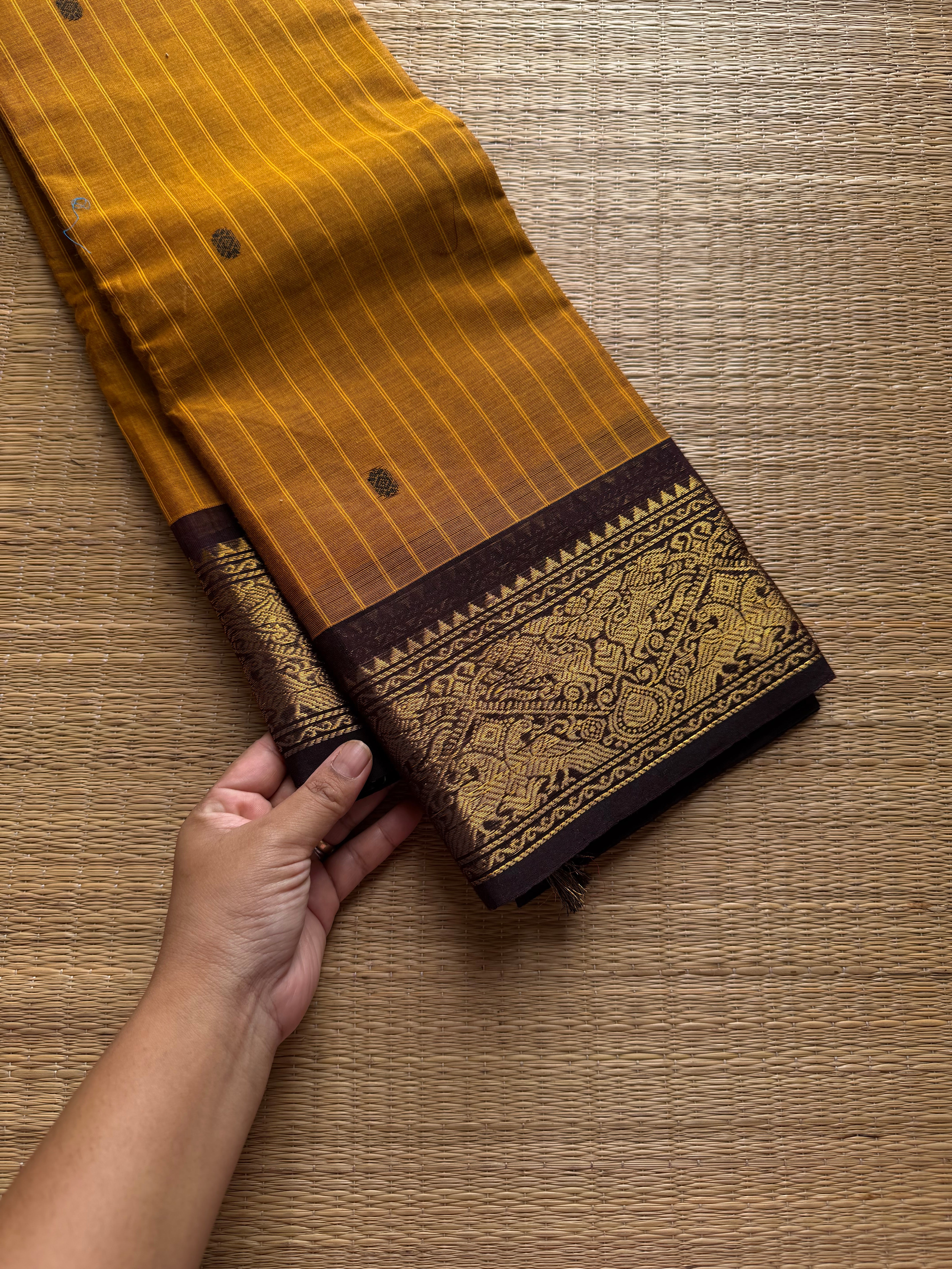 RF1041 Mustard with brown ~ Premium Vanasingaram border Kanchi cotton saree with handmade thread Buttas