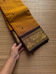 RF1041 Mustard with brown ~ Premium Vanasingaram border Kanchi cotton saree with handmade thread Buttas