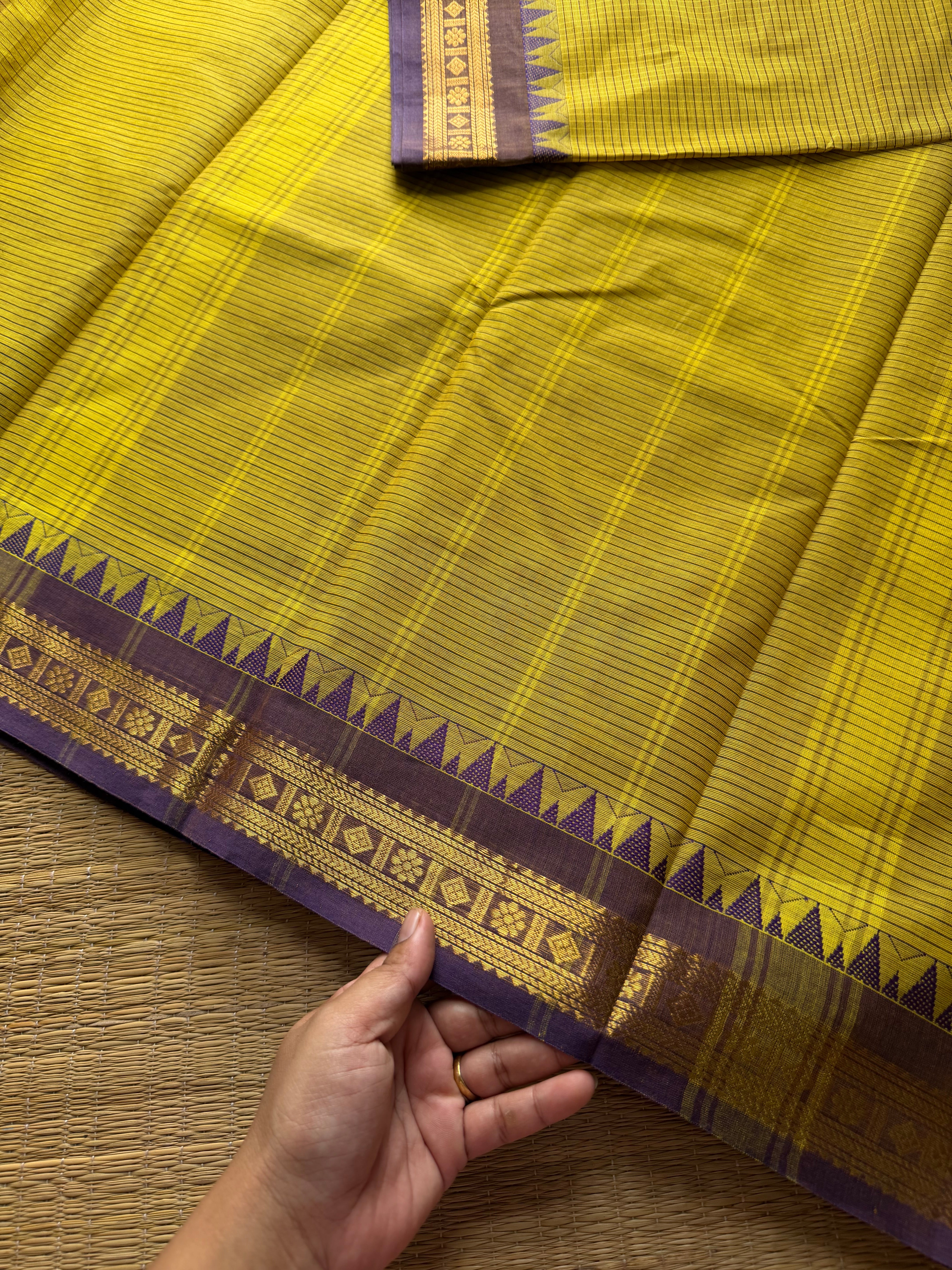 RF108 Premium small border vintage  Podikattam Kanchi cotton saree with Mustard Yellow and light purple shade