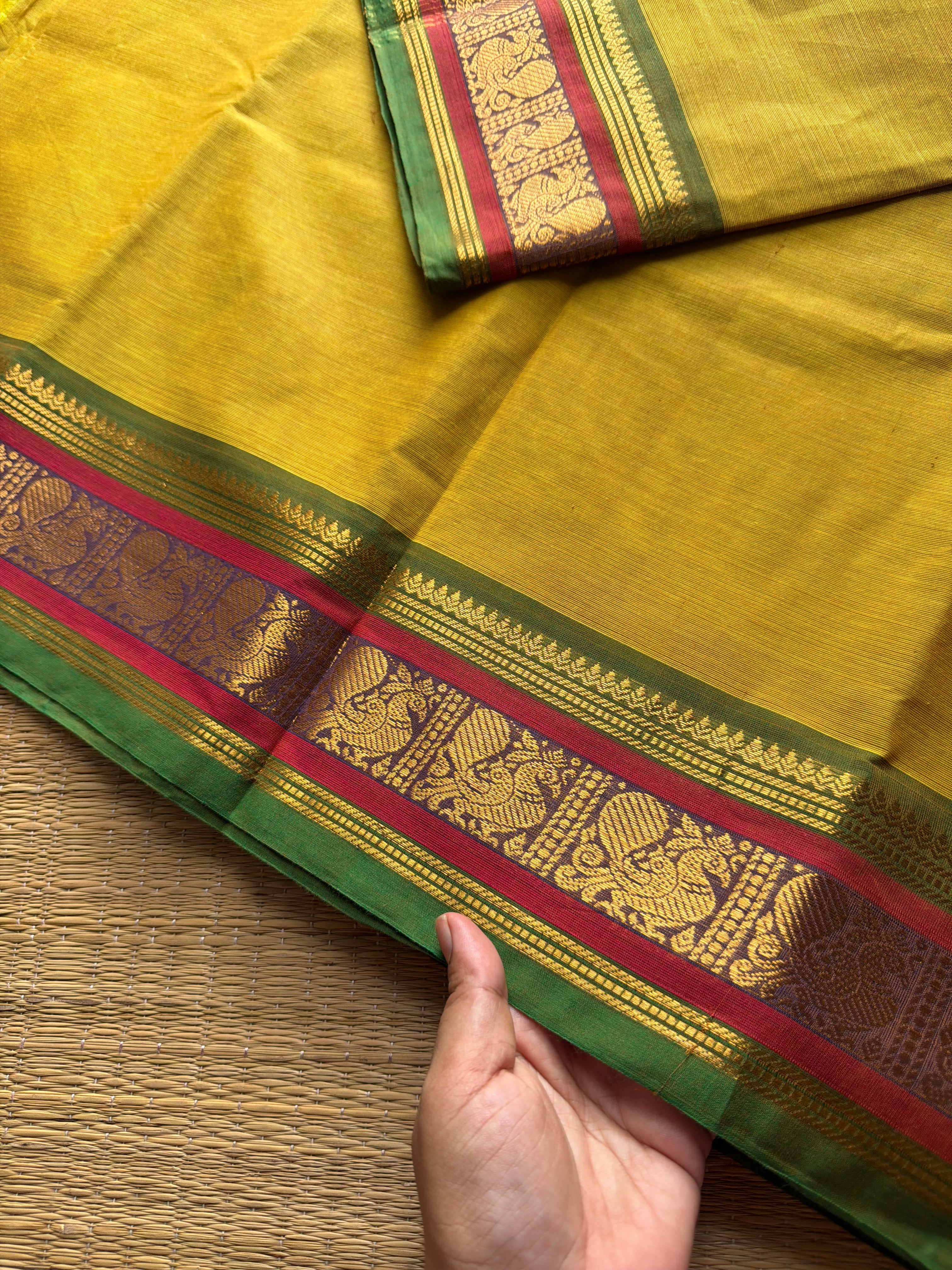 RF688 Lemon yellow with green ~ Silk Saree Inspired Kanchi Cotton saree