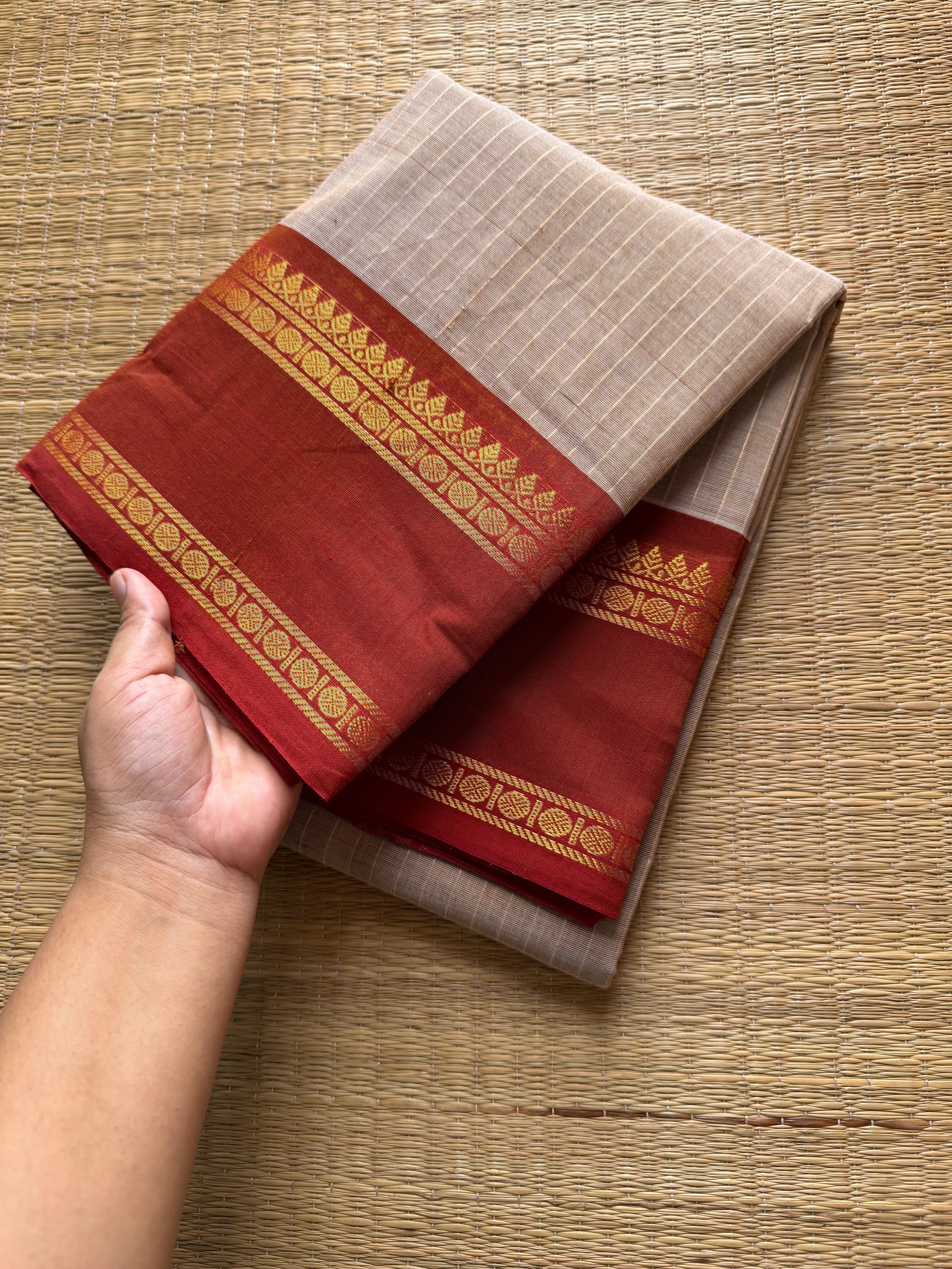 RF509 Beige with rust orange combination Kanchi cotton saree with vintage gap border and fully Vairaoosi pattern