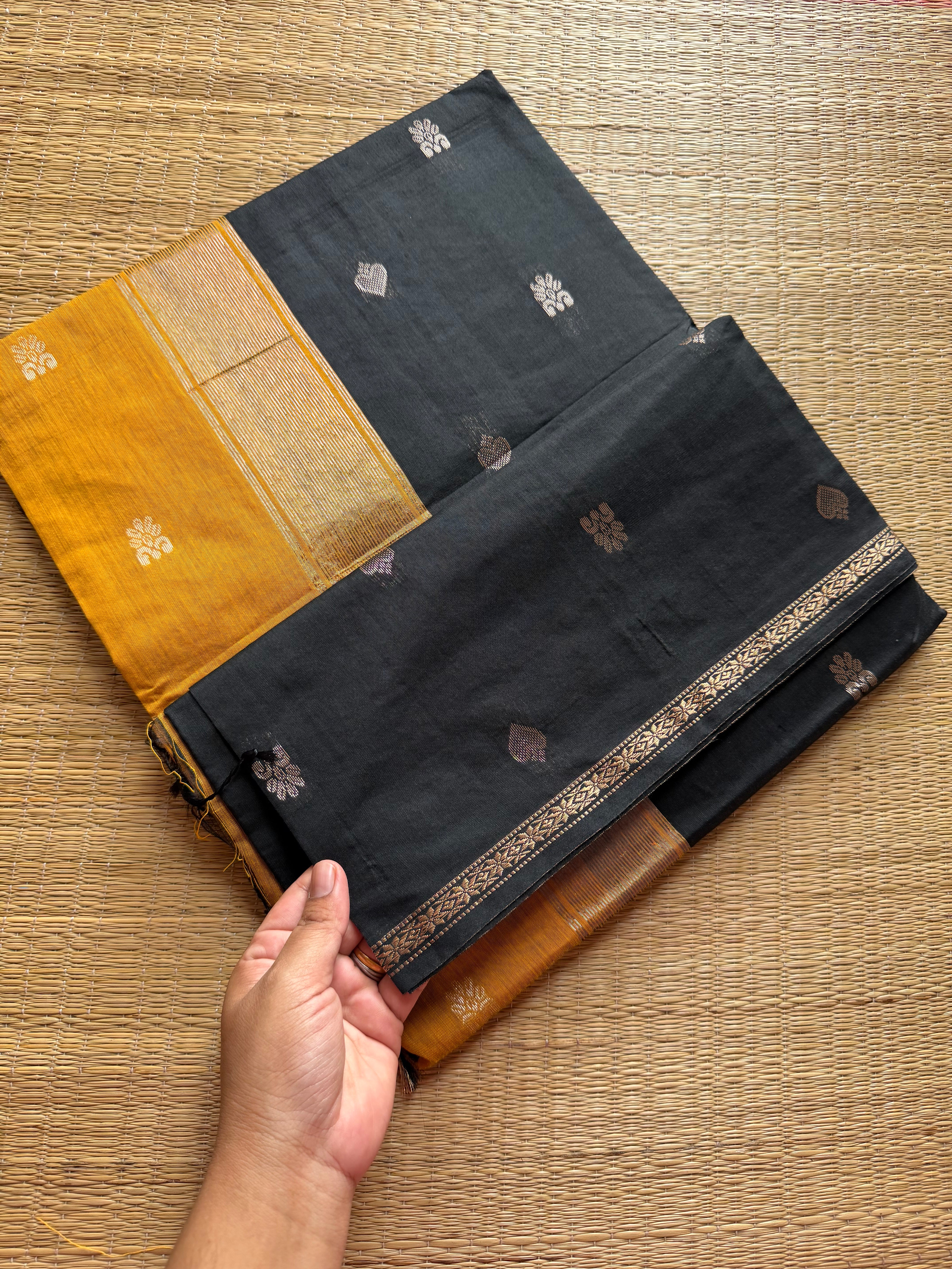 RF180 Black with contrast mustard yellow combination Pallu & blouse Maheswari semi silk cotton saree