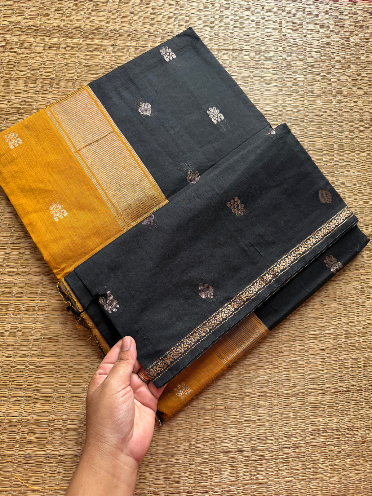RF180 Black with contrast mustard yellow combination Pallu & blouse Maheswari semi silk cotton saree