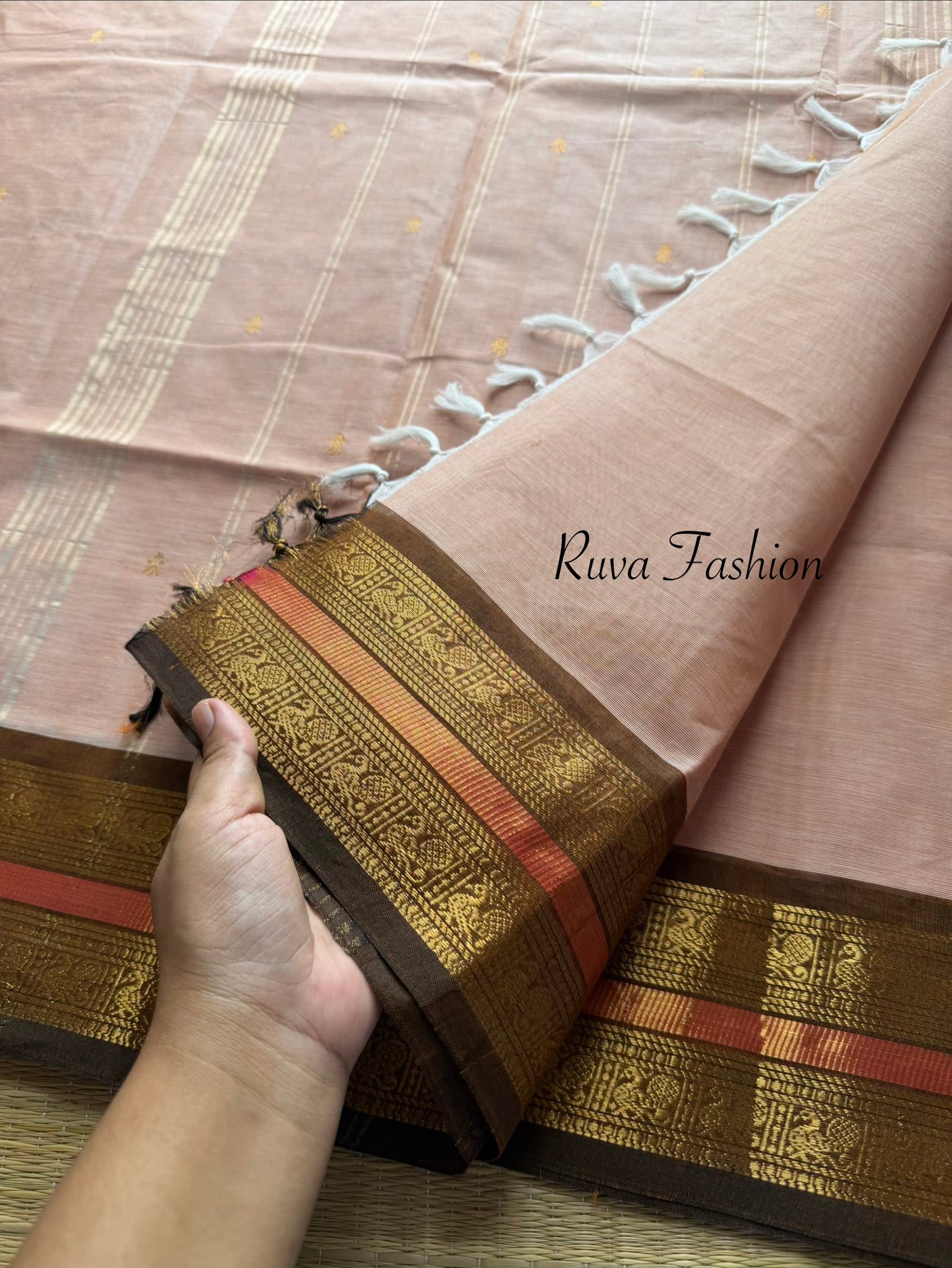 Cream& Golden mixed shade combination with contrast brown Zari border Kanchi cotton saree with handmade golden Zari Buttas