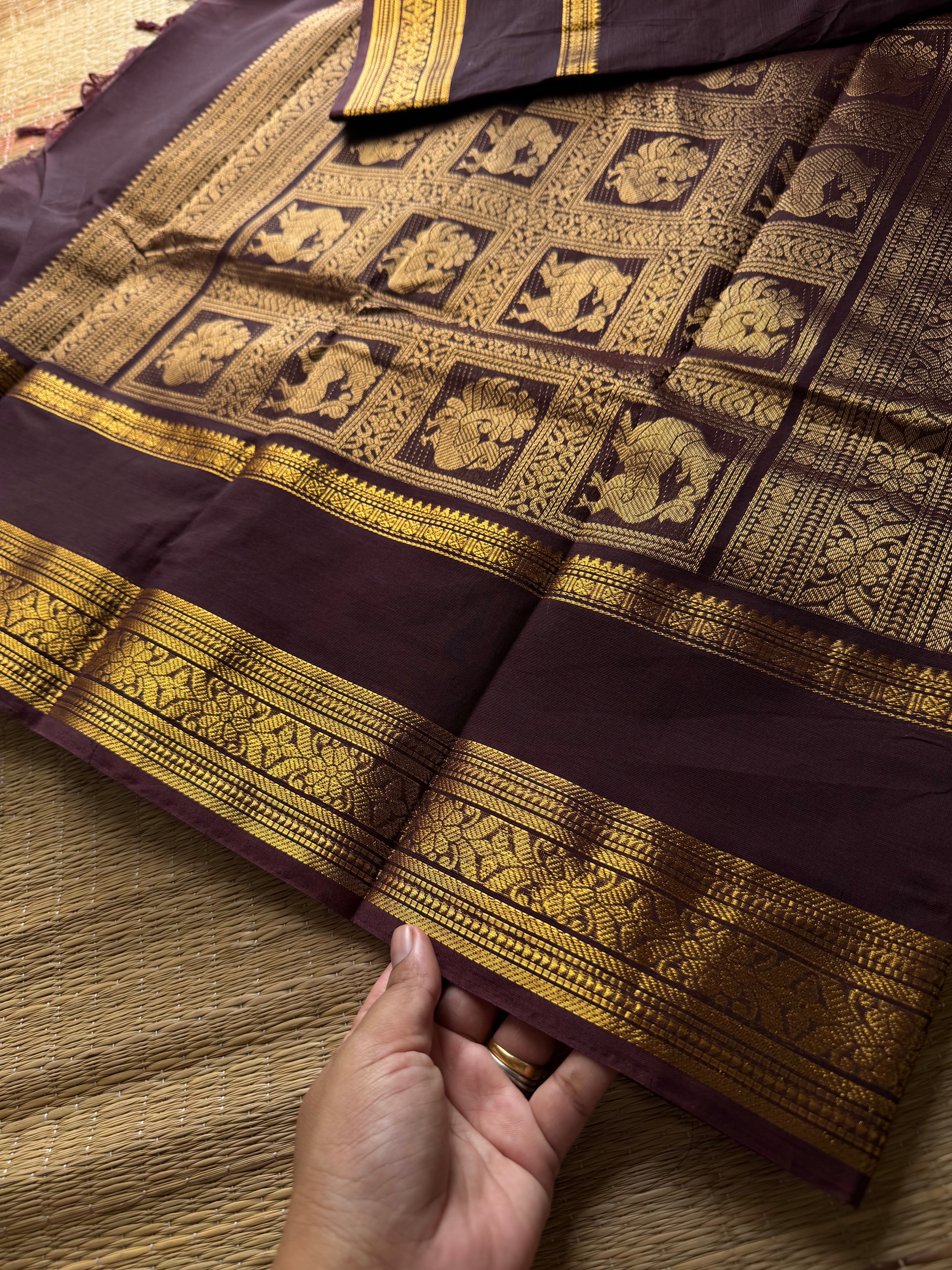 RF728 Premium Rich Pallu Kanchi Cotton Saree ~ Deep Coffee Brown with floral, Annam & Yazhi pattern Zari woven