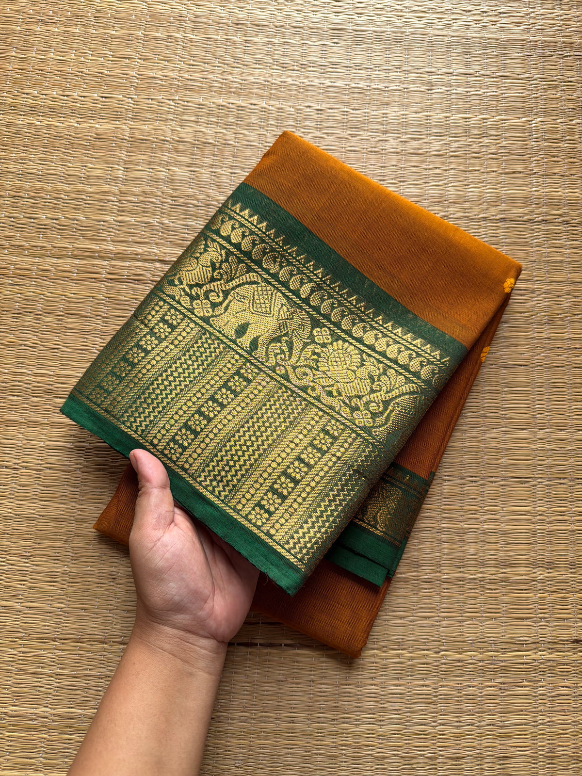 Dual tone orange with green combination Kanchi cotton saree