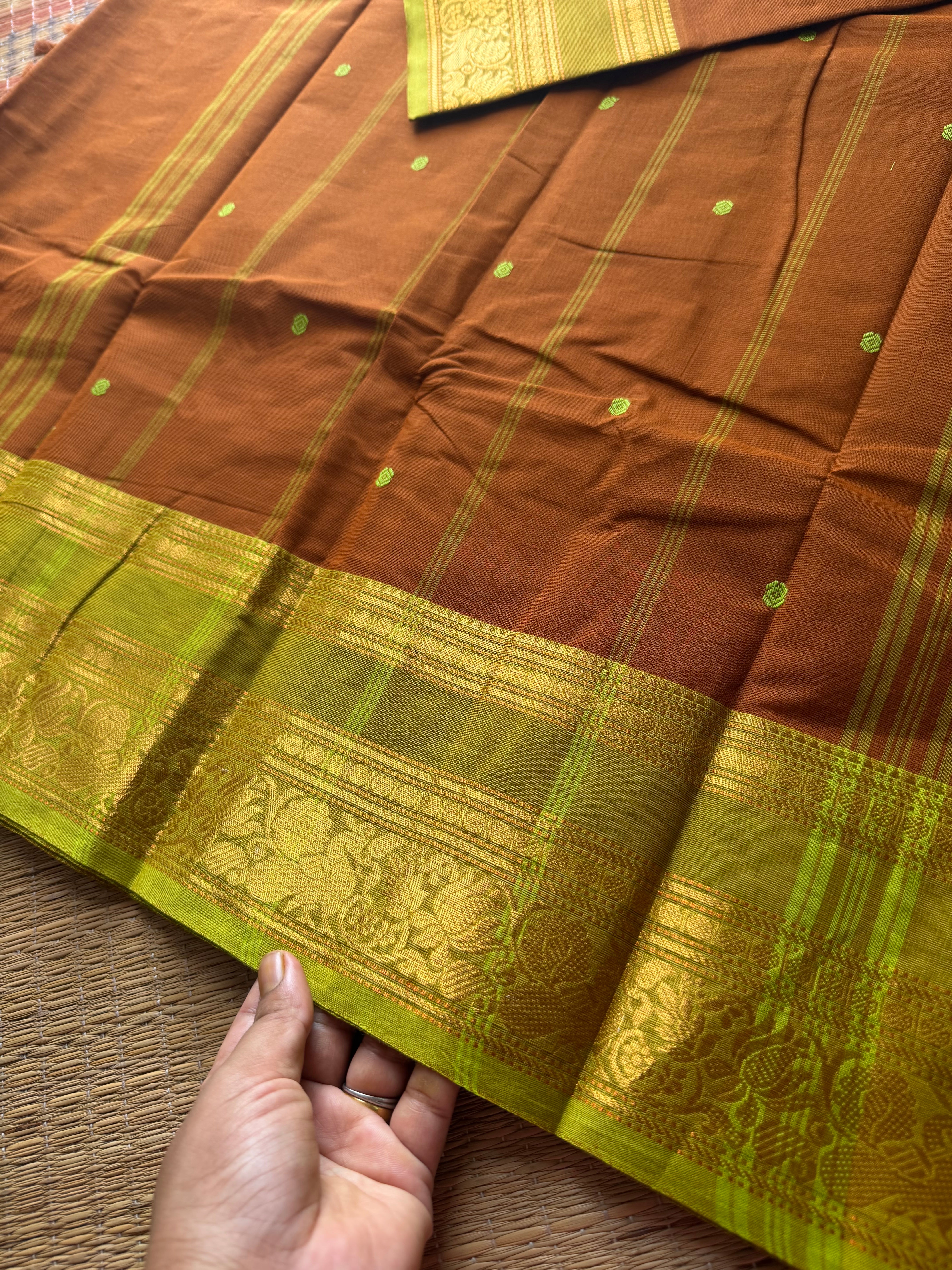 RF591 Rust wood brown shade with lime green combination Kanchi cotton saree with handmade thread buttas & floral pattern border