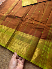 RF591 Rust wood brown shade with lime green combination Kanchi cotton saree with handmade thread buttas & floral pattern border