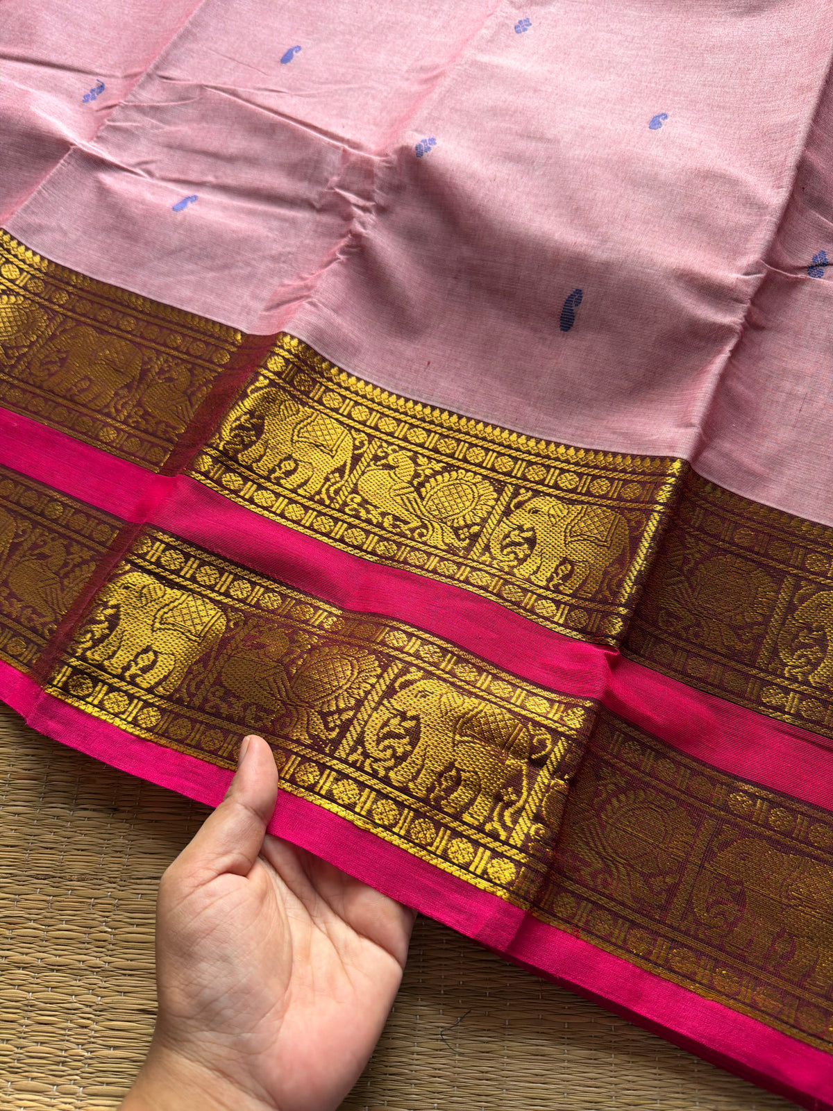 RF304 Light baby pink saree with contrast pink combination Rettapet border Kanchi cotton saree with handmade thread buttas