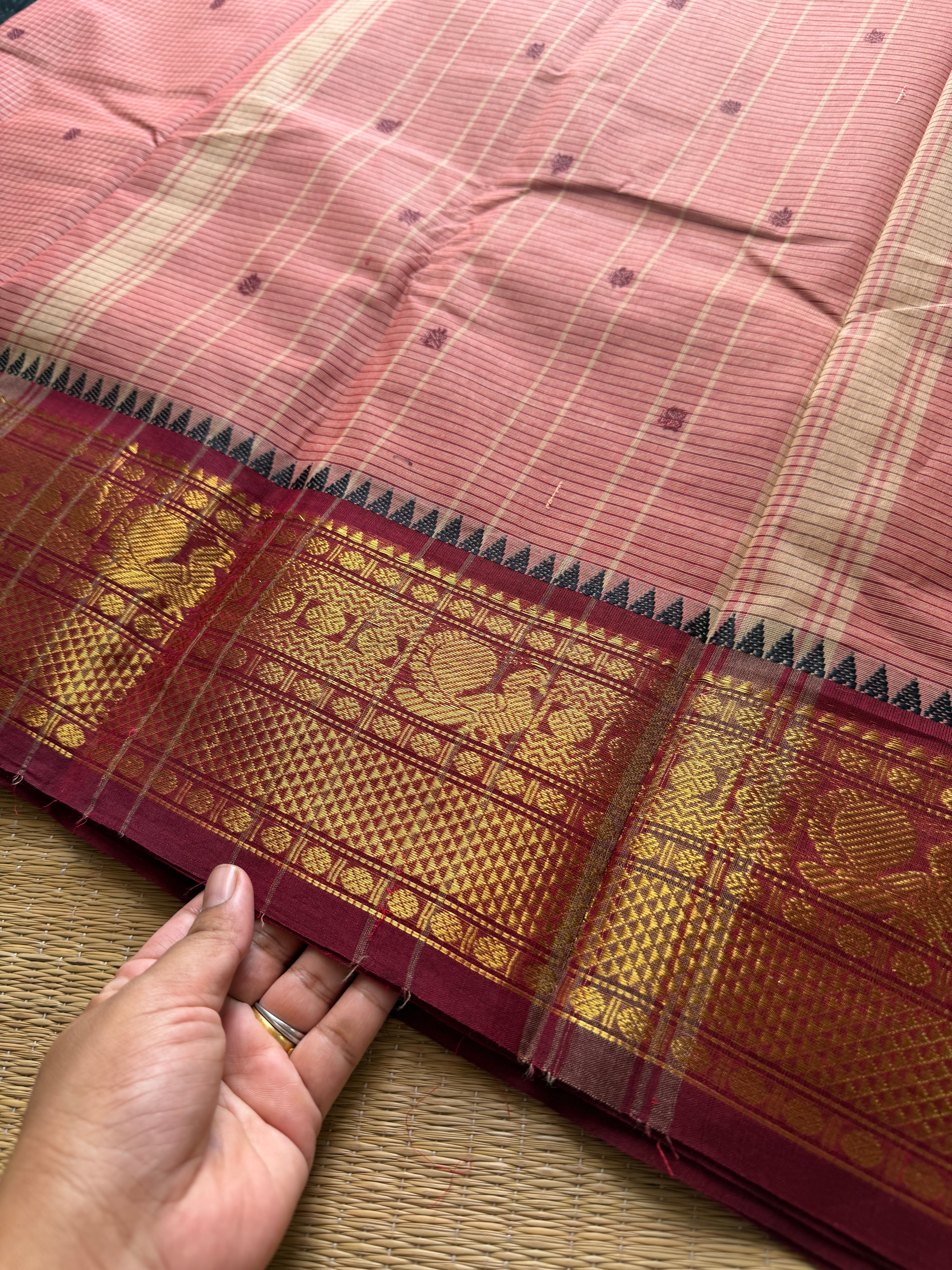 Onion pink shade Podikattam / small checks Kanchi cotton saree with handmade thread buttas