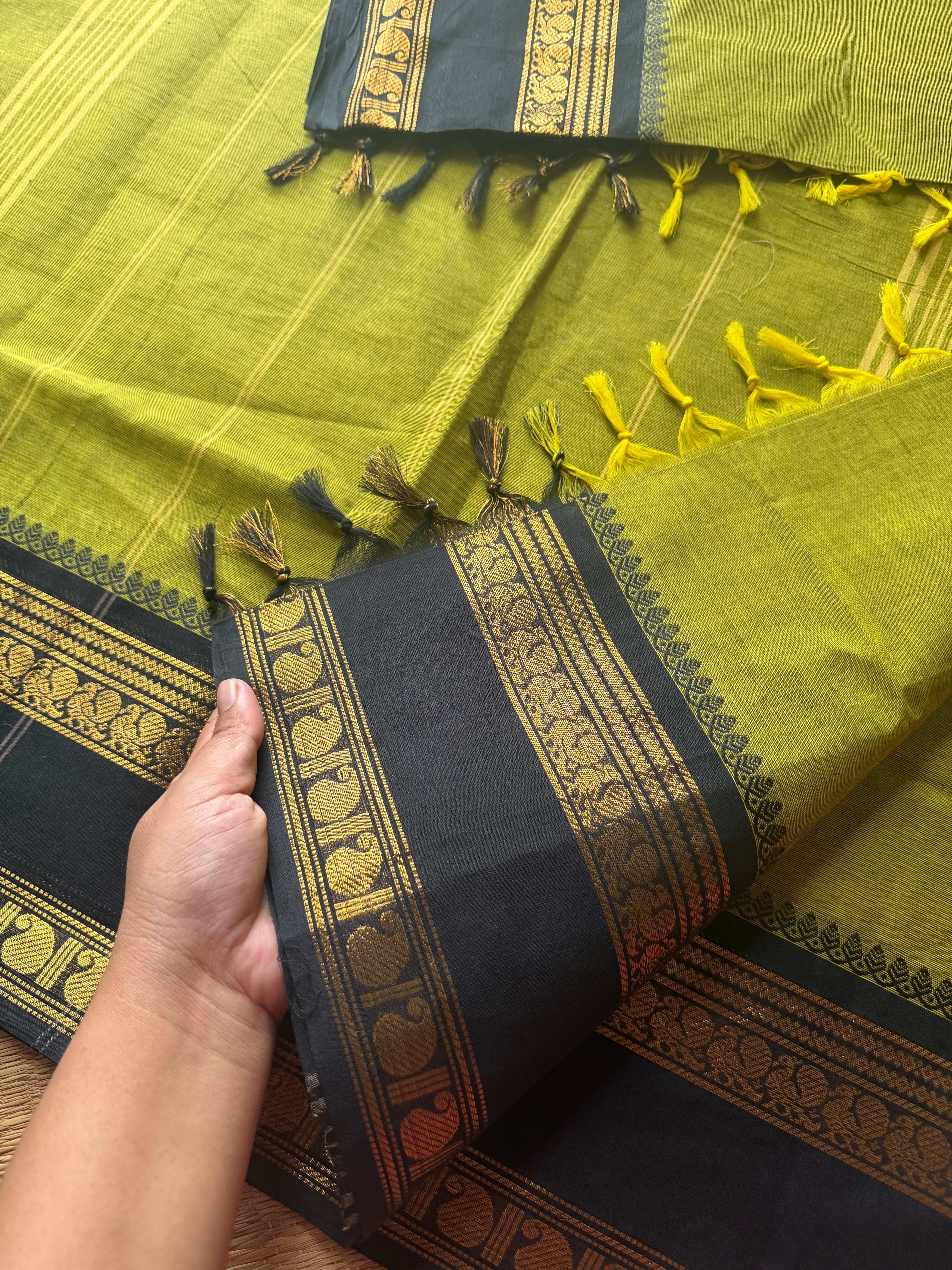 RF512 Green with black combination Kanchi cotton saree With Annam & mango Pattern Gap Border
