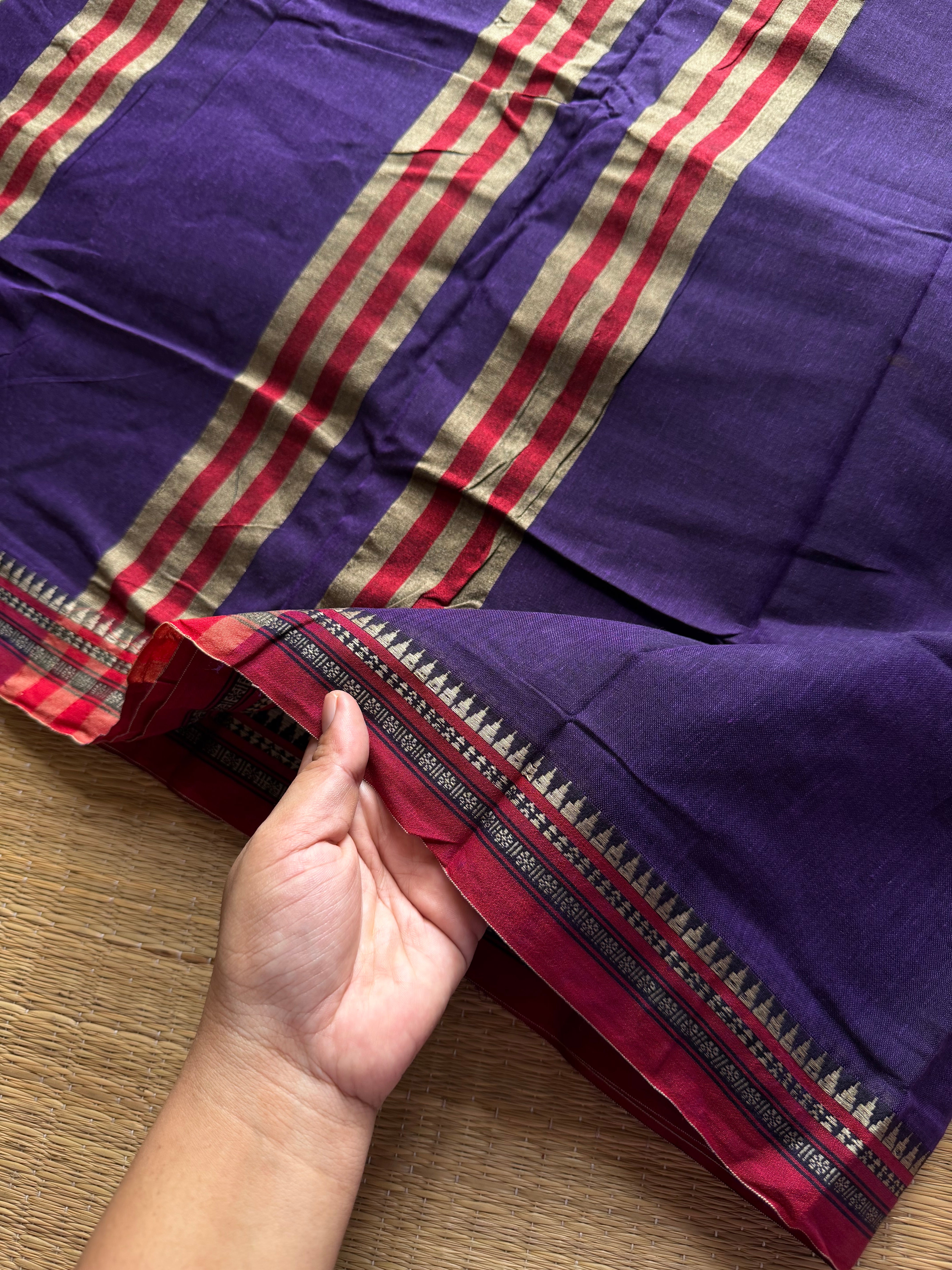 RF459 Purple with red combination Mercerised Narayanpet cotton saree with small thread border