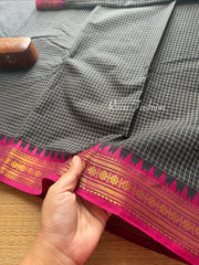 RF106 Black with pink combination Podi Kattam / small checks vintage border Kanchi cotton saree