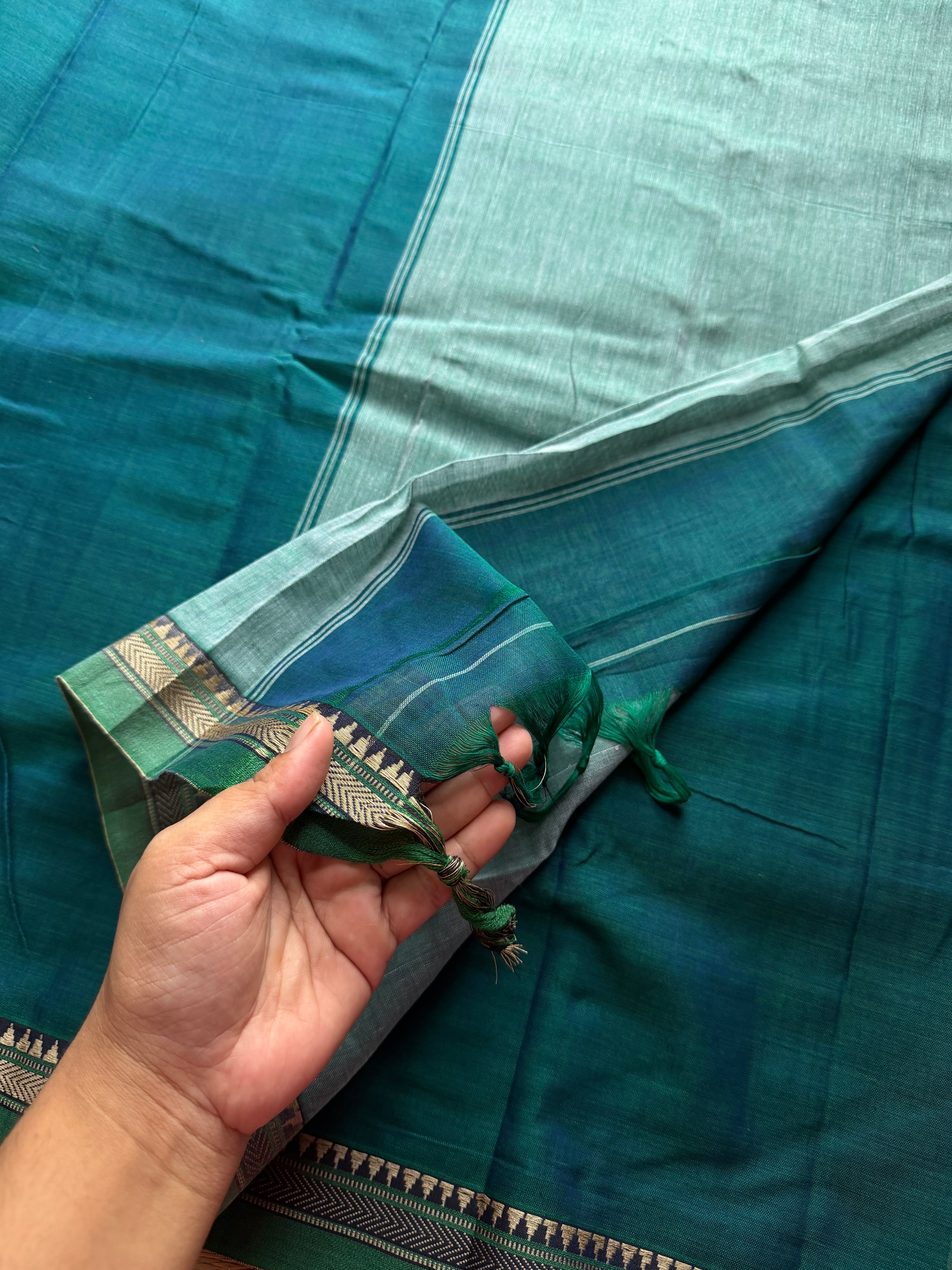 RF380 Peacock Blue Shade Narayanpet Mercerised Cotton Saree with small border