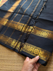 RF433 Monotone Black Shade Kanchi Cotton Saree With Premium Quality Rettapet Golden Zari border