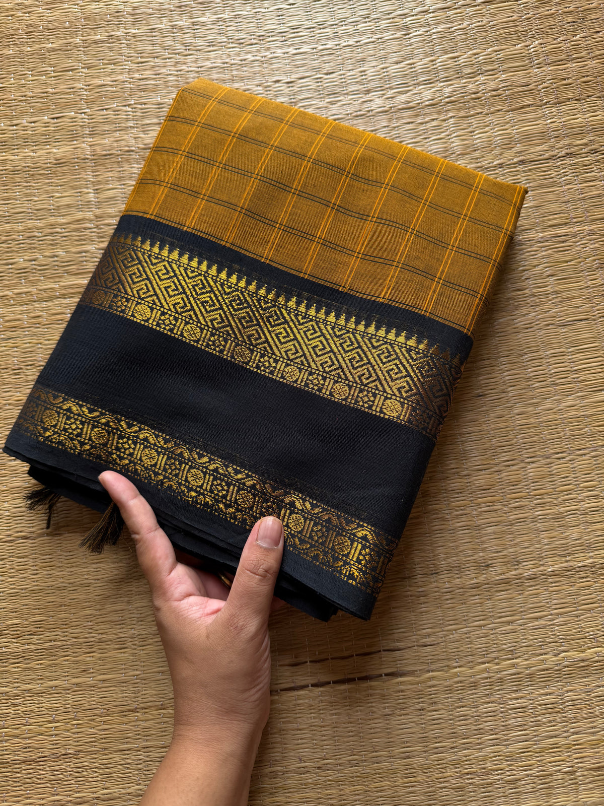 RF529 Mustard with black combination premium Kanchi Kattam / Checks Pattern saree