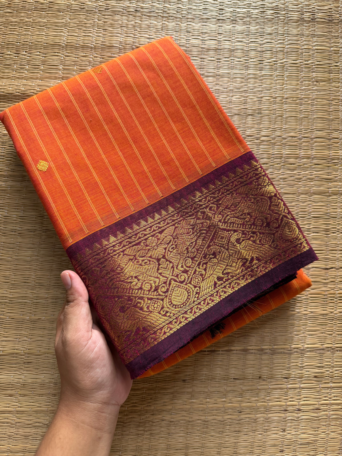 RF293 Dark orange shade with contrast purple combination Kanchi cotton saree with Vanasingaram pattern border &  handmade golden Zari Buttas