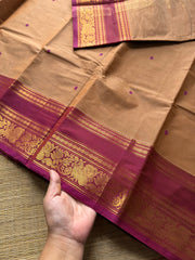 RF468 Sandal / beige with pink shade Kanchi cotton saree with silk saree inspired Annam and lotus border & handmade thread buttas