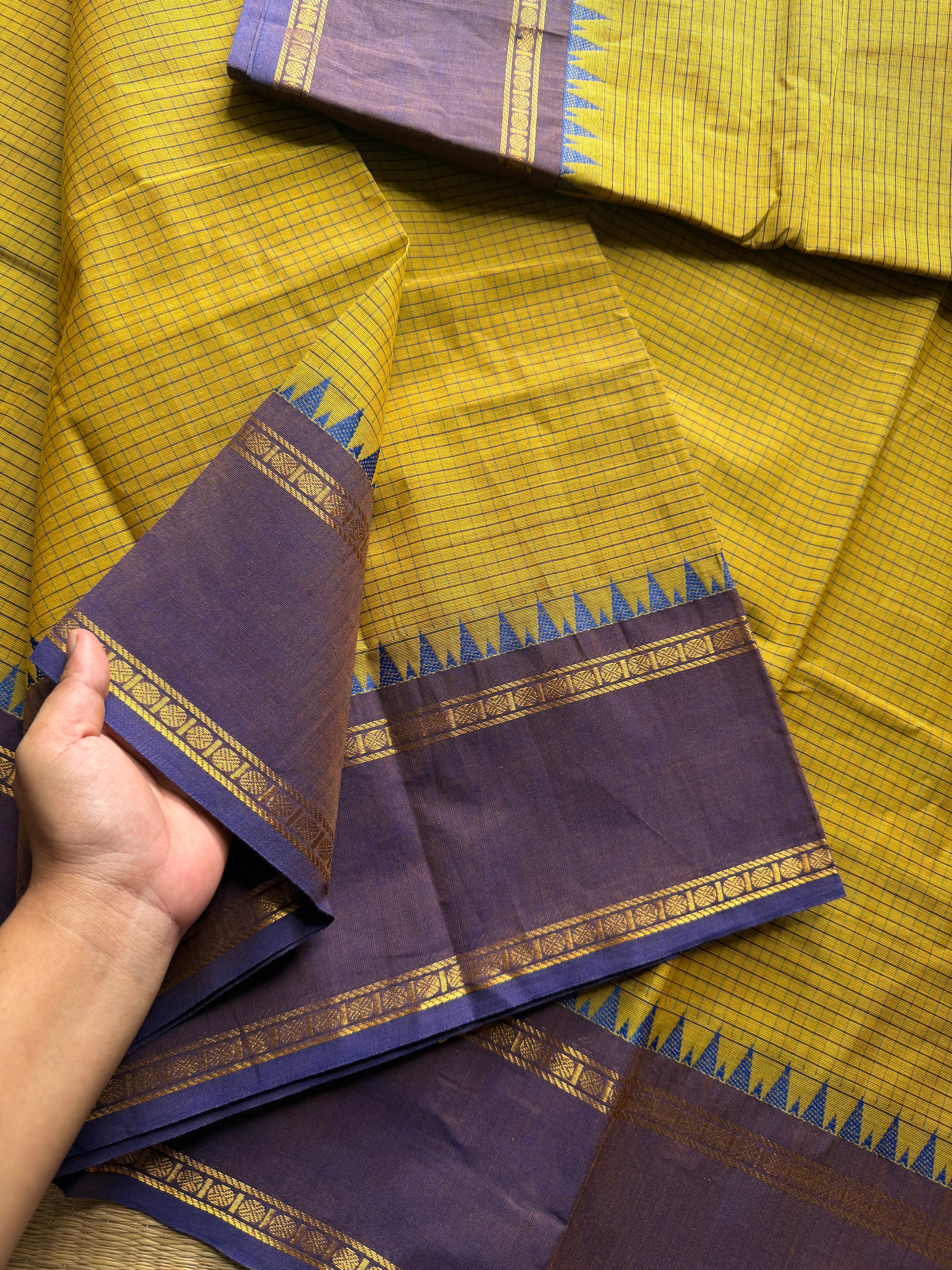 RF491 Mustard yellow with light lavender combination vintage style gap border & Podikattam / small checks Kanchi cotton saree