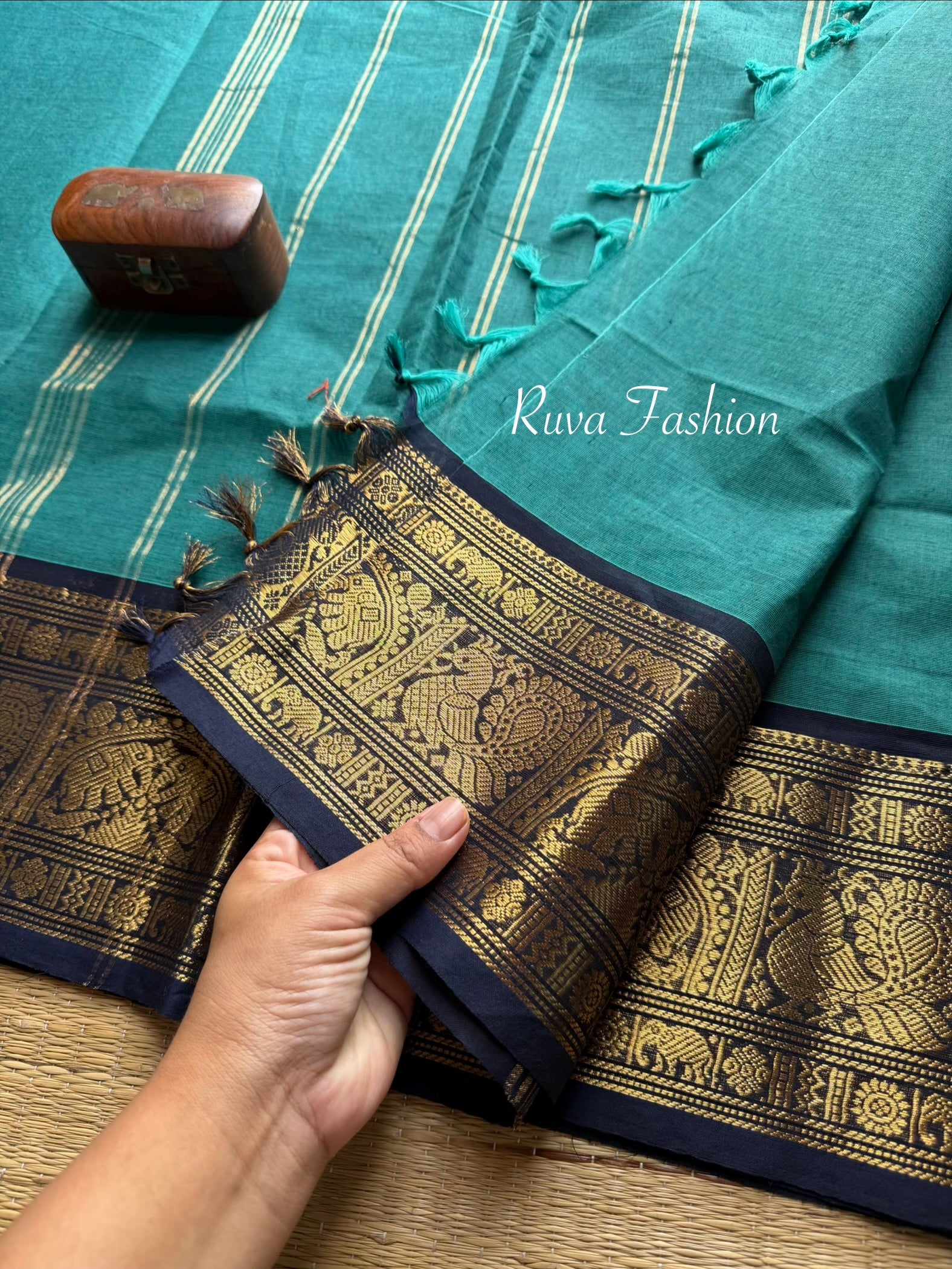 RF67 Peacock Blue shade with royal blue combination Vintage Silk Saree inspired Kanchi cotton saree
