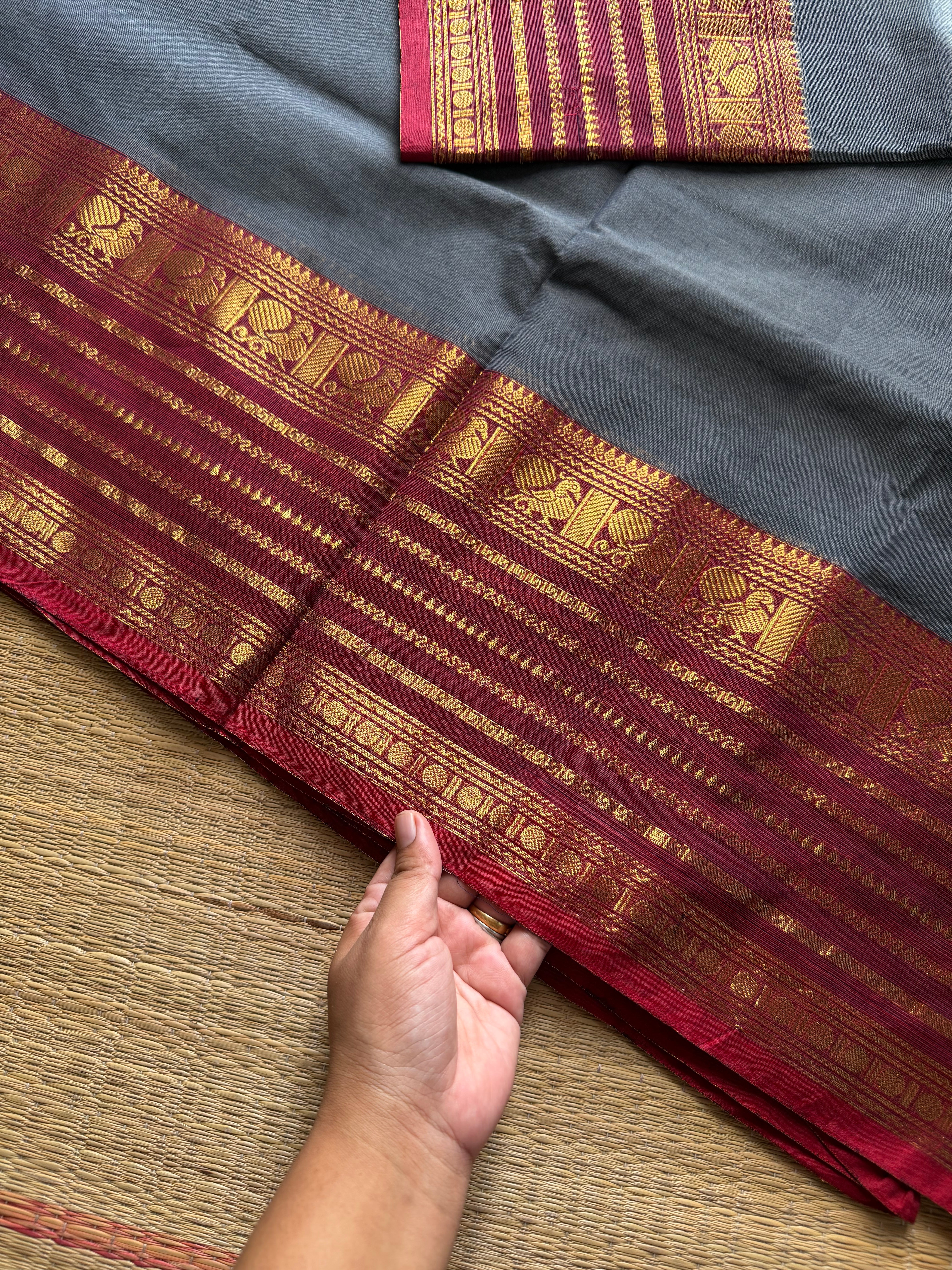 RF1081 Grey with maroon combination Kanchi cotton saree