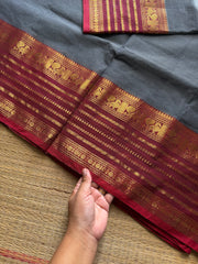 RF1081 Grey with maroon combination Kanchi cotton saree