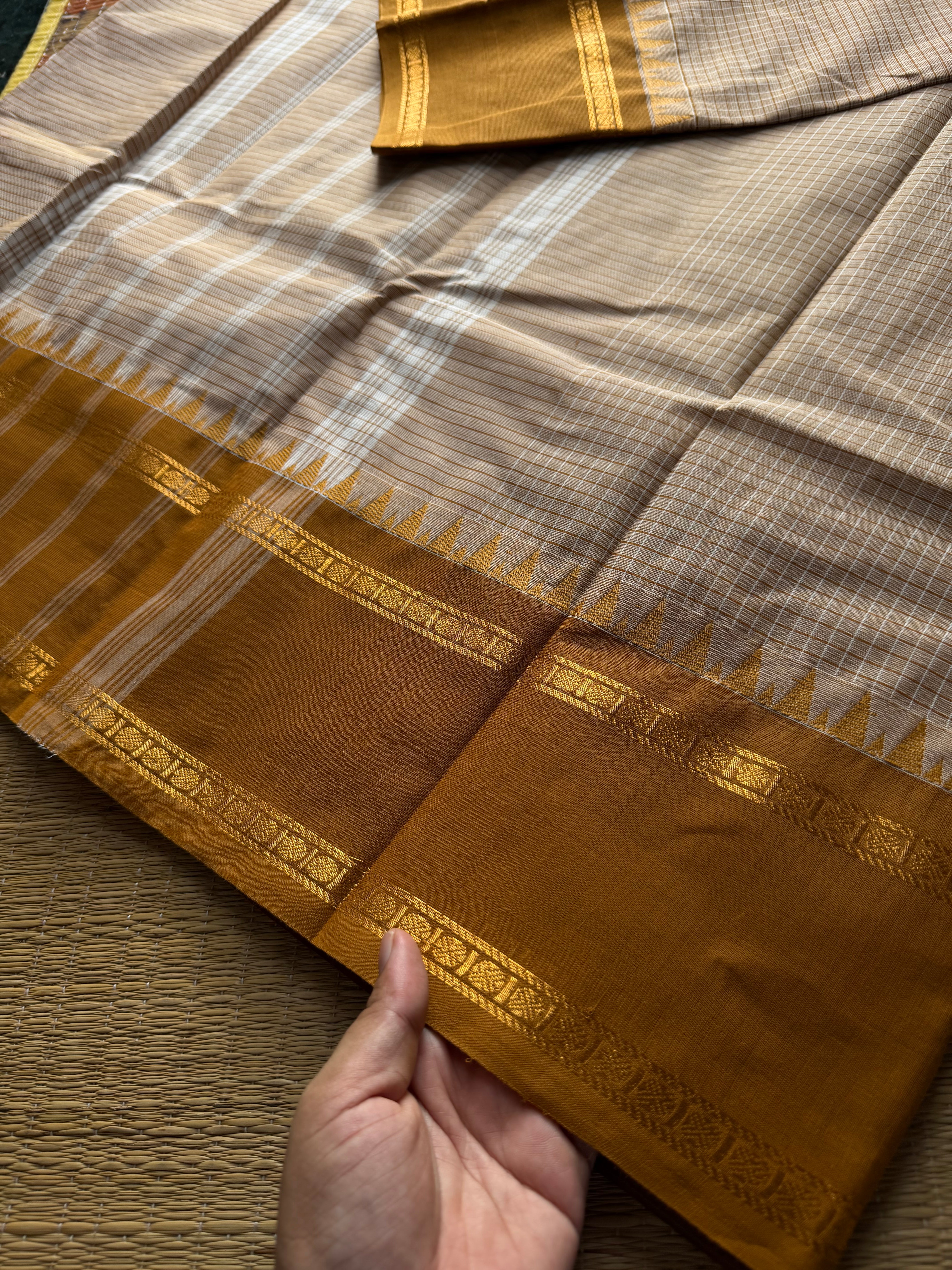 RF580 Premium Vintage Podi Kattam Kanchi Cotton saree ~ Beige Shade