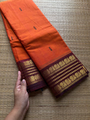 RF550 Orange with maroon Kanchi cotton saree with handmade thread buttas