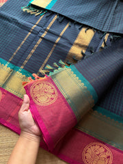 Navy blue shade Kattam / checks pattern Kanchi cotton saree with unique Annam pattern border