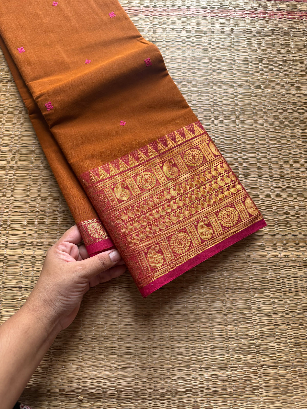 RF583 Rustic orange shade with pink combination mango pattern Kanchi cotton saree with handmade thread buttas