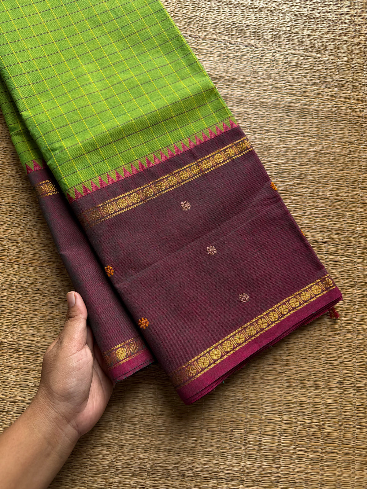 RF1241 Light parrot green ~ Premium Vintage Kattam Kanchi cotton saree