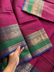 RF254 Magenta pink with royal blue contrast border Kanchi cotton saree with unique peacock pattern varisaipet border